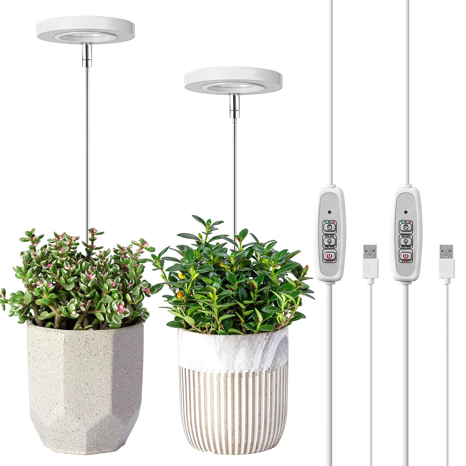 2 Pcs Grow Lights for Indoor Plants, Height Adjustable Plant Growing Lamp with Auto On/Off Timer, Full Spectrum LED Plant Light with 4 Dimmable Brightness for Small Plants