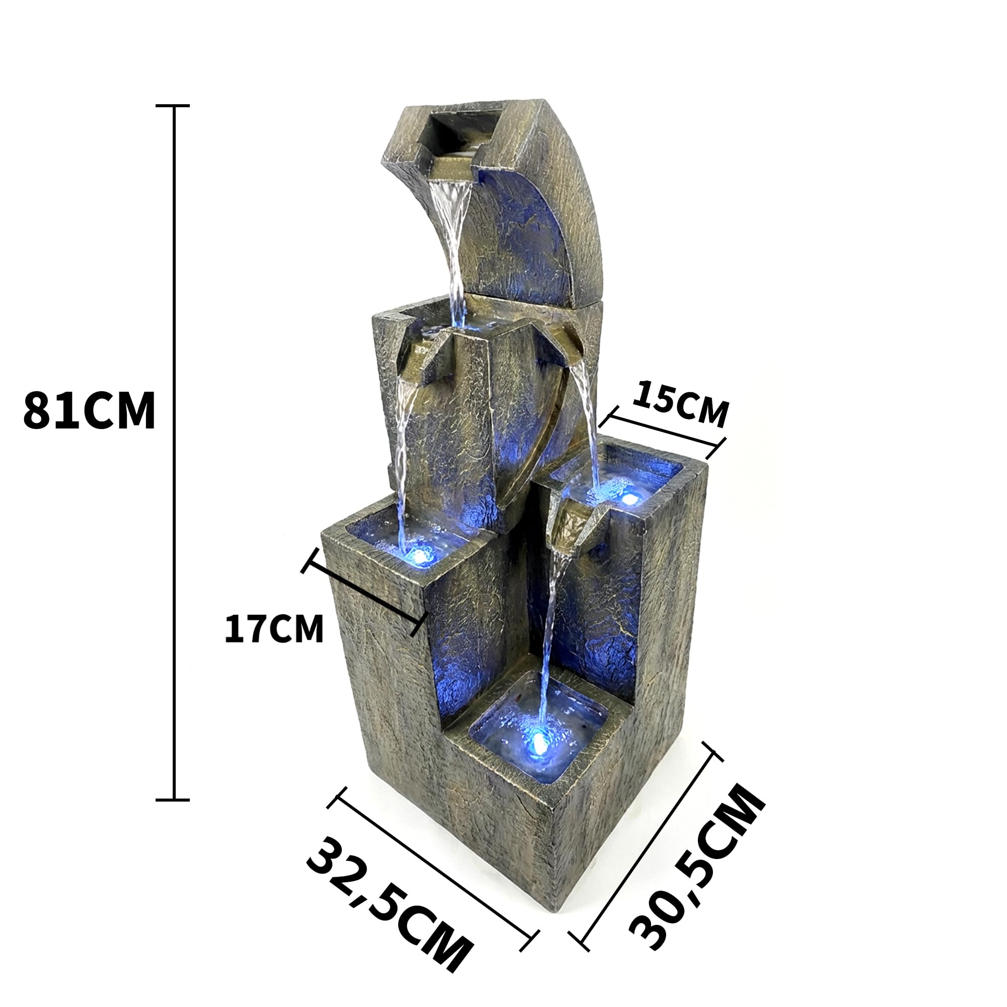 Köhko Gartenbrunnen „Ballerina“ mit 4 LEDs, 4-stufiger Wasserfall Brunnen für Garten und Terrasse, Modernes Wasserspiel Springbrunnen für Balkon, Hof und Garten Deko