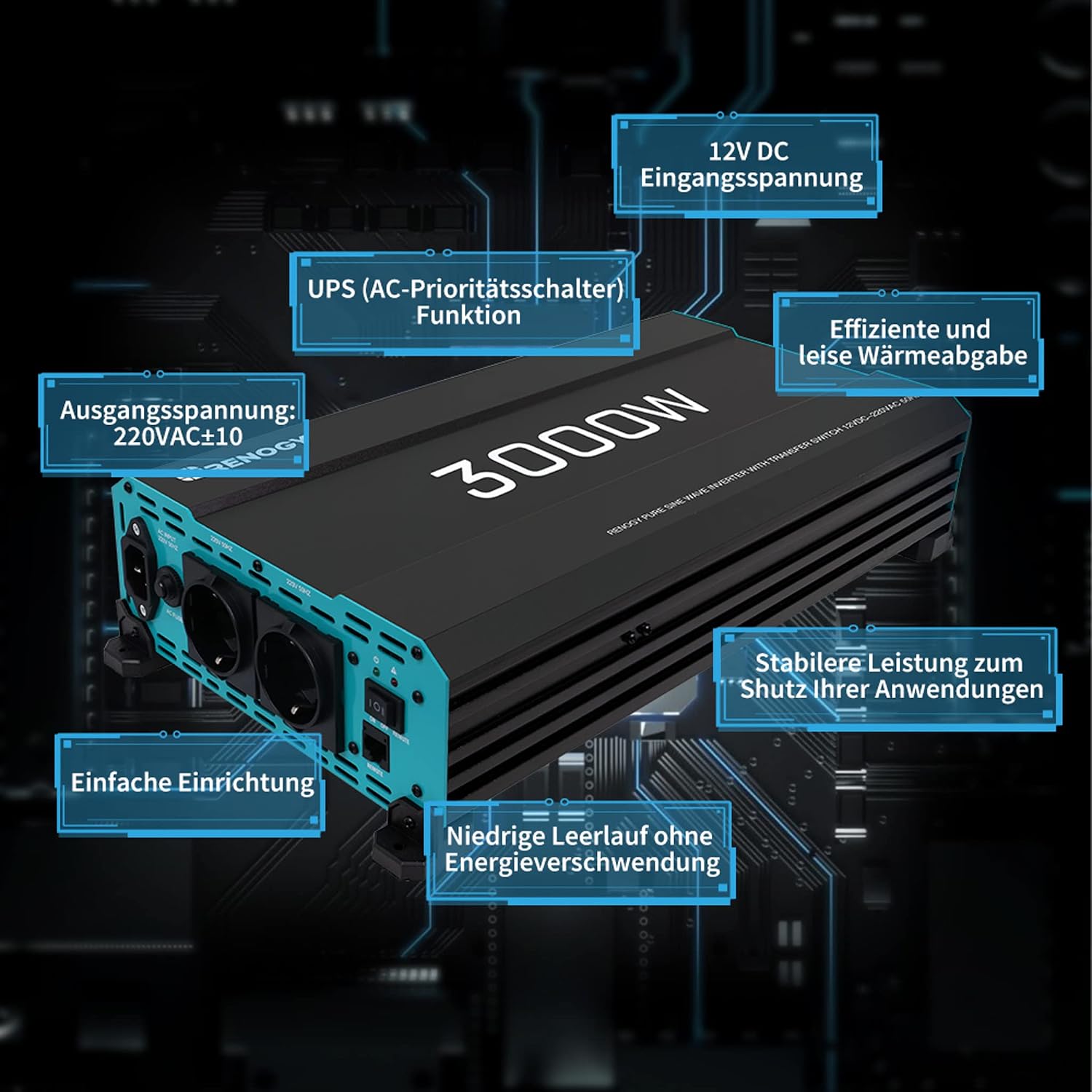 Renogy Синусоидальный инвертор 3000 Вт 6000 Вт 12 В 230 В инвертор чистой волны с системой приоритета преобразователь напряжения с 2 розетками для бытовых приборов