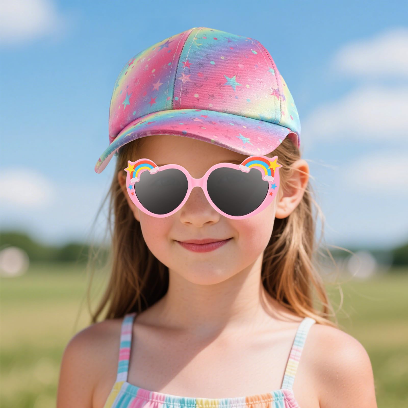 Gorra Niña y Gafas de Sol, Gorras de Béisbol Tie-Dye con Estelar Sombreros para el Sol Arcoíris Ajustable Gafas de Corazon para Niños Sombrero Verano con Visera Rosa Regalo Niña 3-8 Años