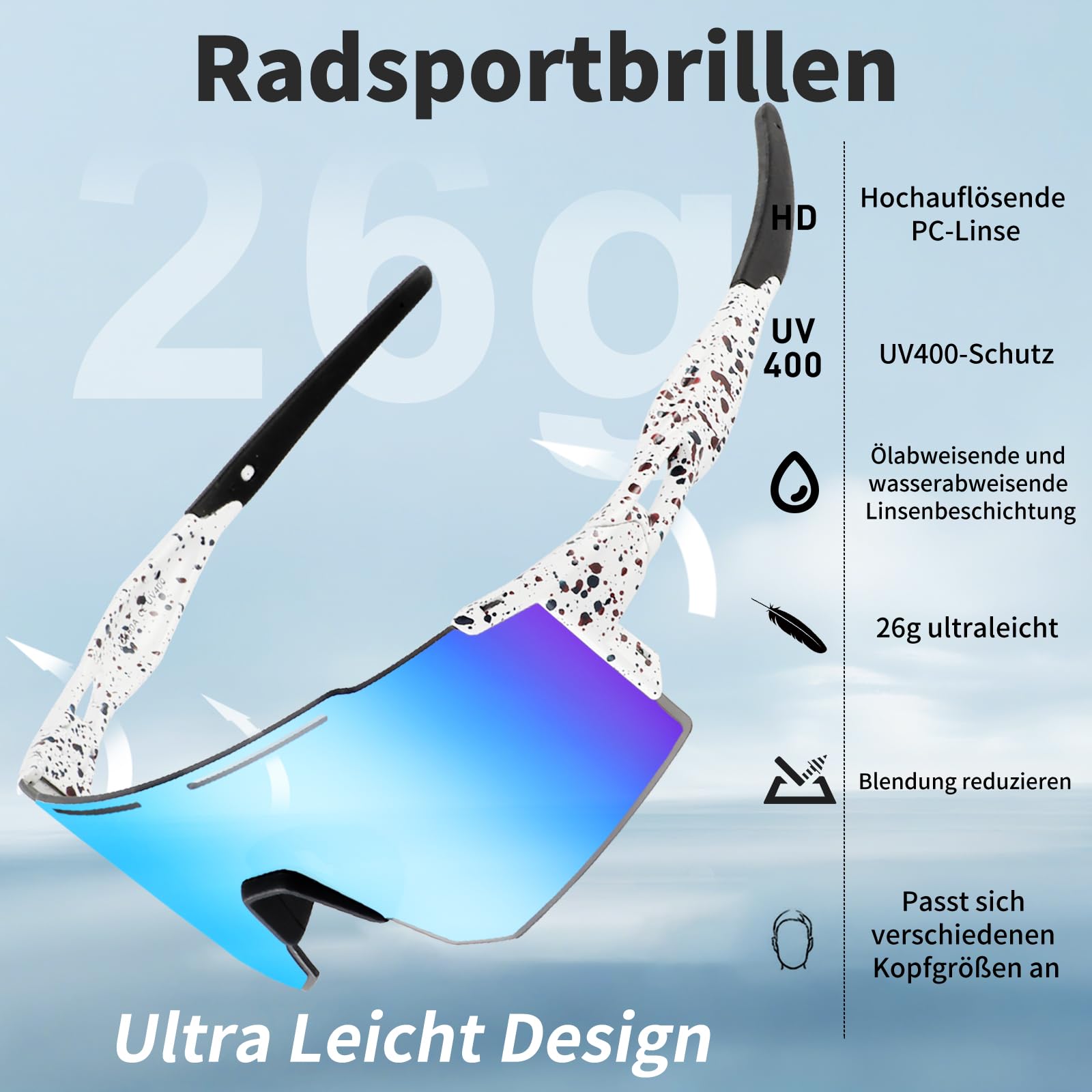 Gafas de sol polarizadas, Gafas Protección UV400 para hombre y mujer, gafas deportivas rápidas para deportes al aire libre, pesca, ciclismo, correr, 1 lente (blanco azul), blanco y azul