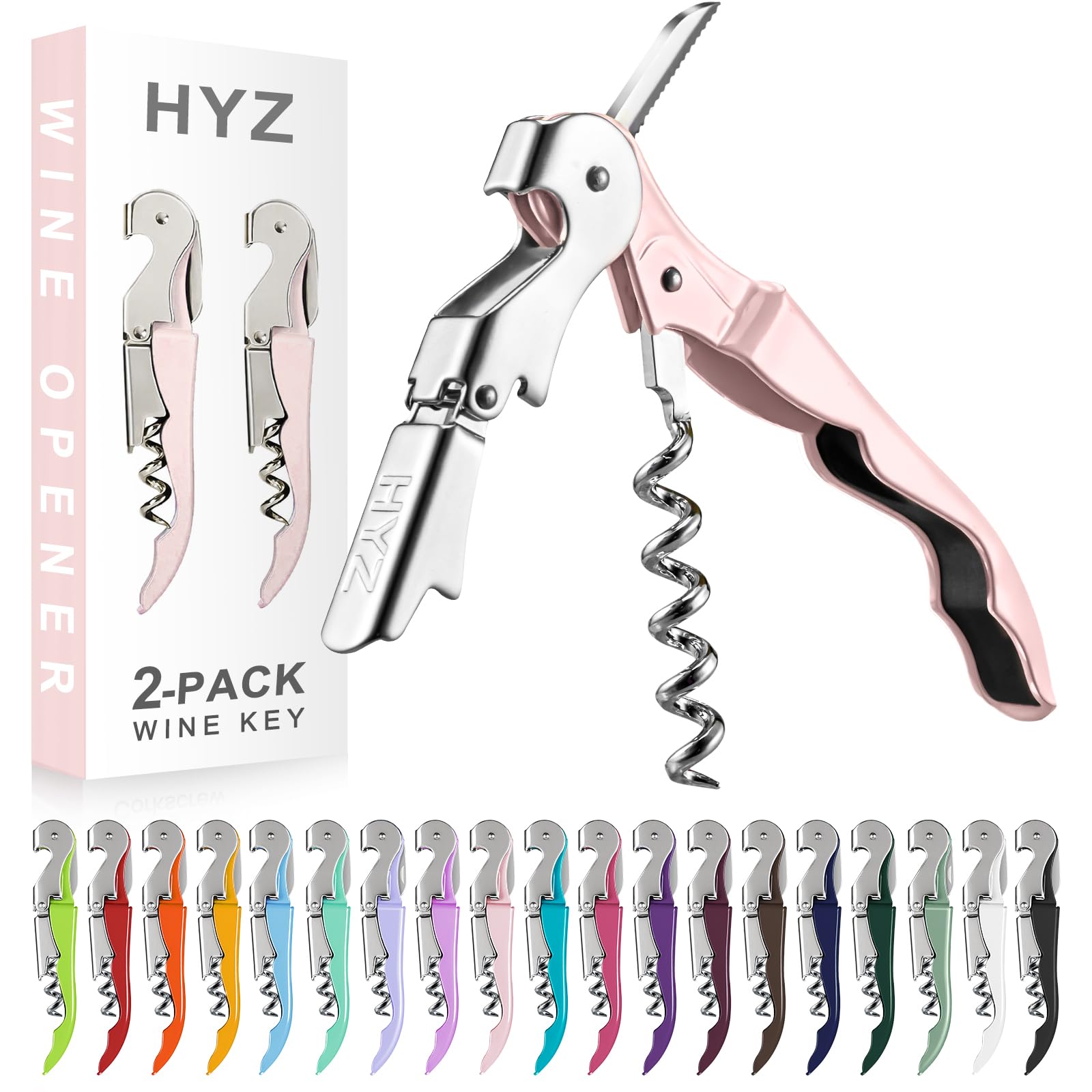 HYZ 2-Pack Wine Opener Waiter Corkscrew, Professional Wine Key for Servers, Bartender with Foil Cutter, Manual Wine Bottle Opener Double Hinged (Pink)