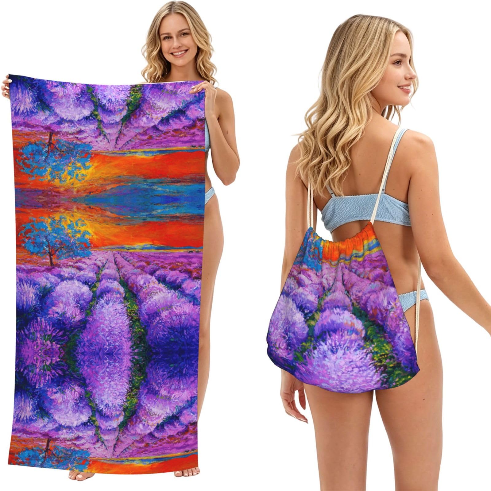 Serviette de plage lavande pour adulte avec sac cordon drap de bain piscine