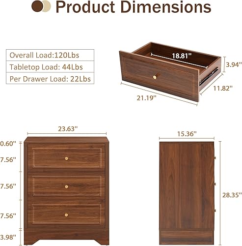 Miniatura 13 de LEVNARY Mesita de noche de granja de 3 cajones con lados tallados, mesa auxiliar de madera con base estable, mesita de noche de 23 pulgadas de