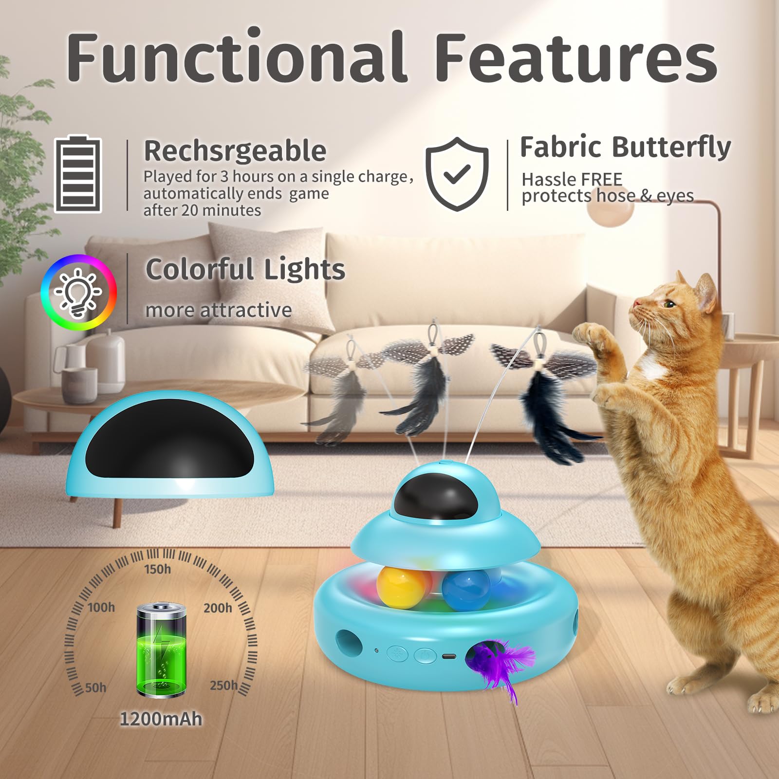 MOHAYA Jouets pour chat, jouet automatique 4 en 1 pour chats adultes ennuyés d'intérieur, papillon volant électrique, Whack a Mole, balles de piste en plumes, bleu