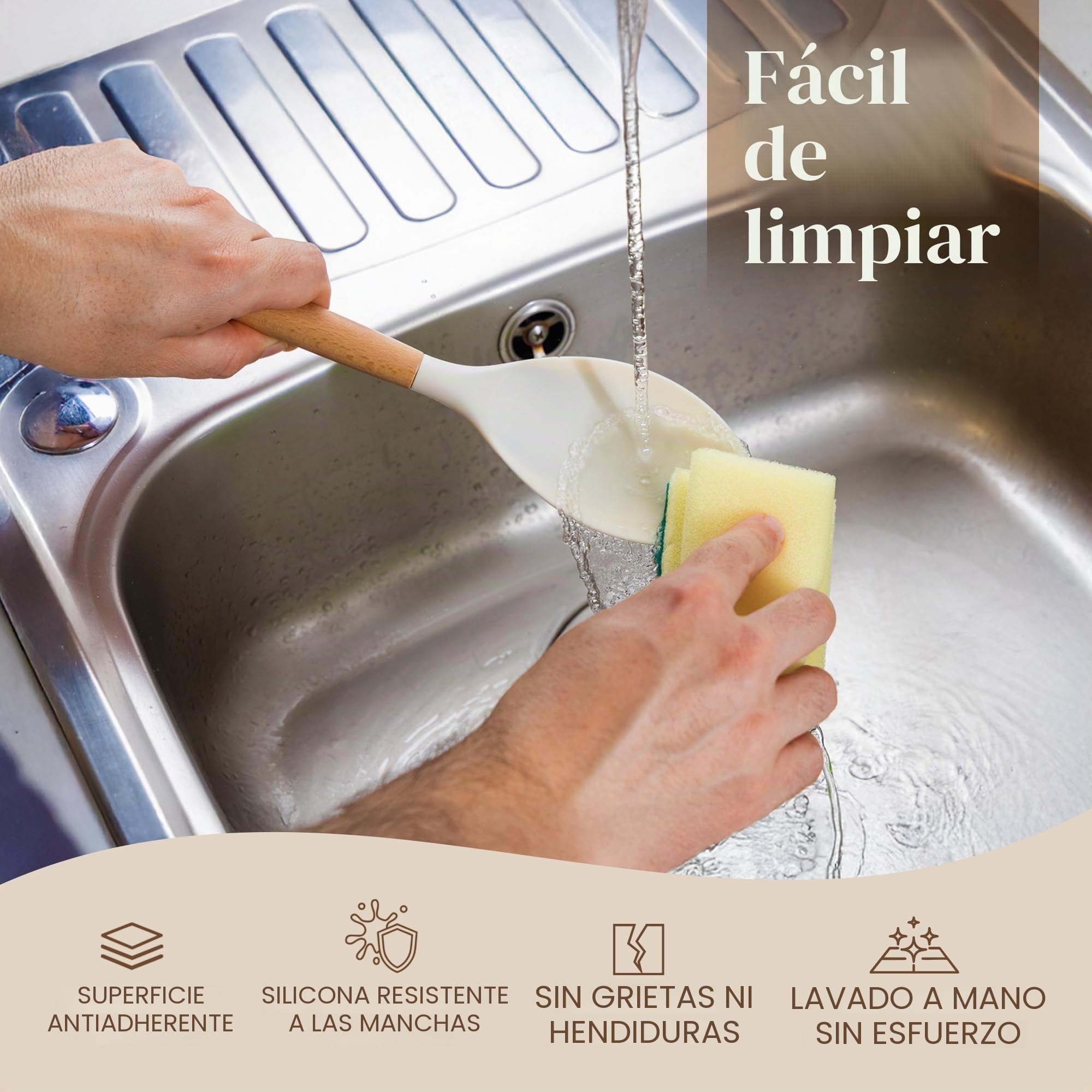 Juego de utensilios de cocina antiadherentes, utensilios de silicona resistentes al calor con mango de madera, cucharones, cucharas y espátulas