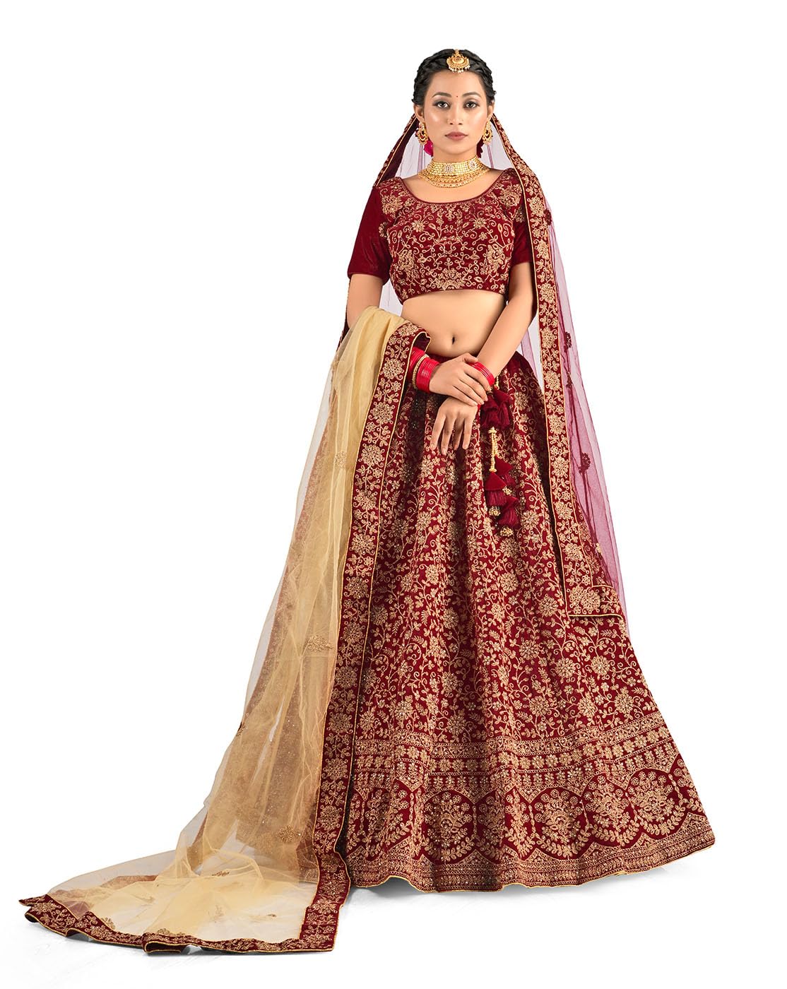 HALFSAREE STUDIOMaroon Semi stitched Velvet Lehenga with Double Dupatta
