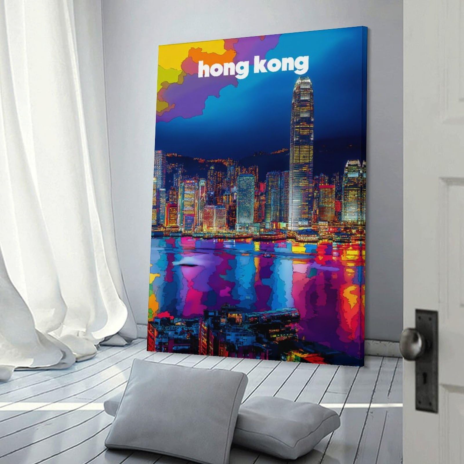 Junmoney Frame-Vibrant Hong Kong Nightscape Vibrant Hong Kong Nightscape Canvas Art Print 24X36inch(60X90cm), For Calm Bedrooms, Home Corners Or Flats, An Easy Wall Refresh For Bedrooms