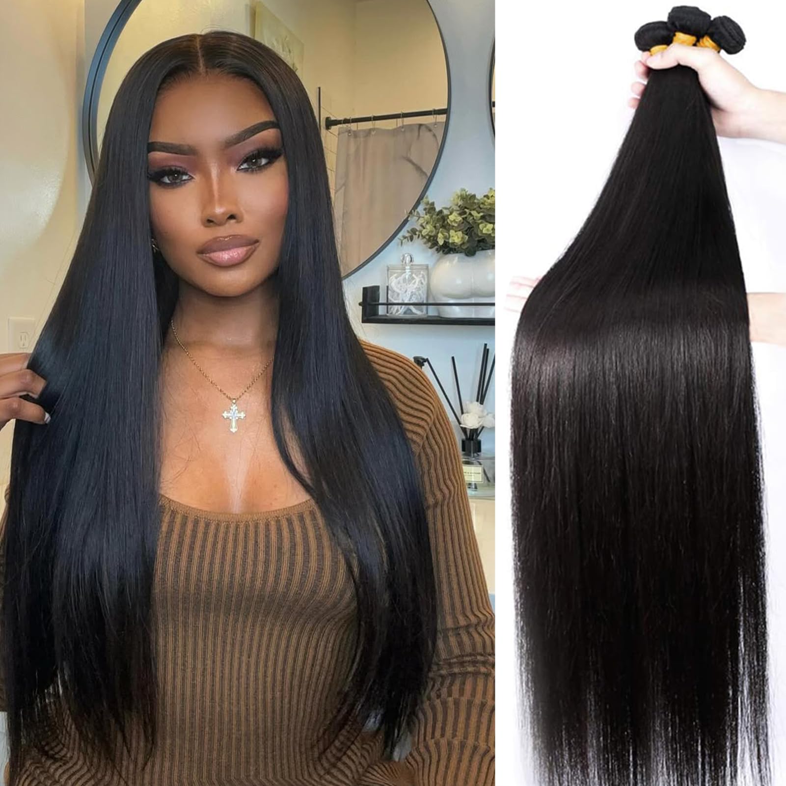 16A Straight Brazilian Virgin Human Hair Bundles with 13x4 HD Lace Frontal Amazon.com : 16A Straight Bundles Human Hair with Closure  main image 3