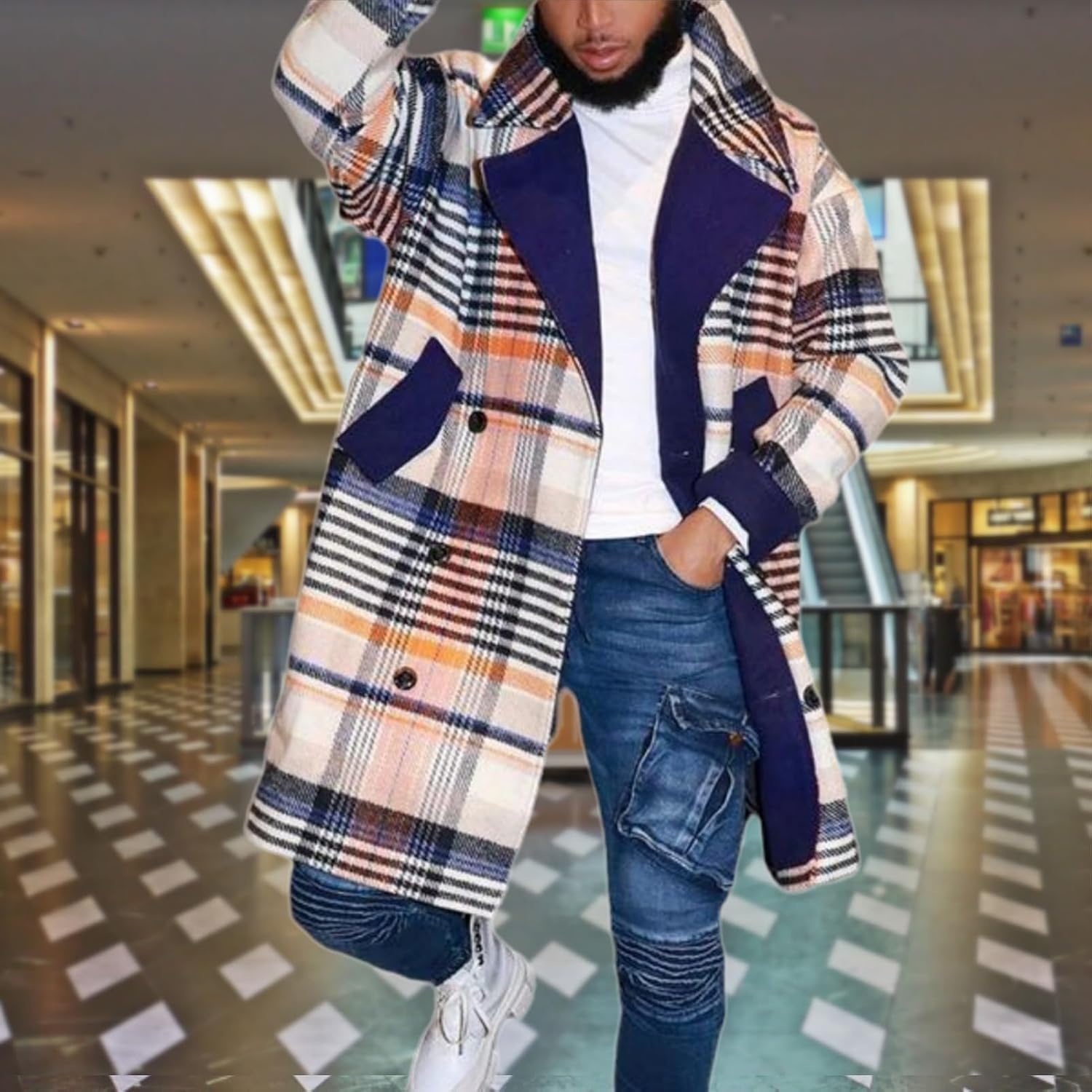 BIVENANT Mens Winter Single Breasted Wool Coat Long Sleeve Notch Lapel Long Trench Coat Slim Fit Graphic Jacket