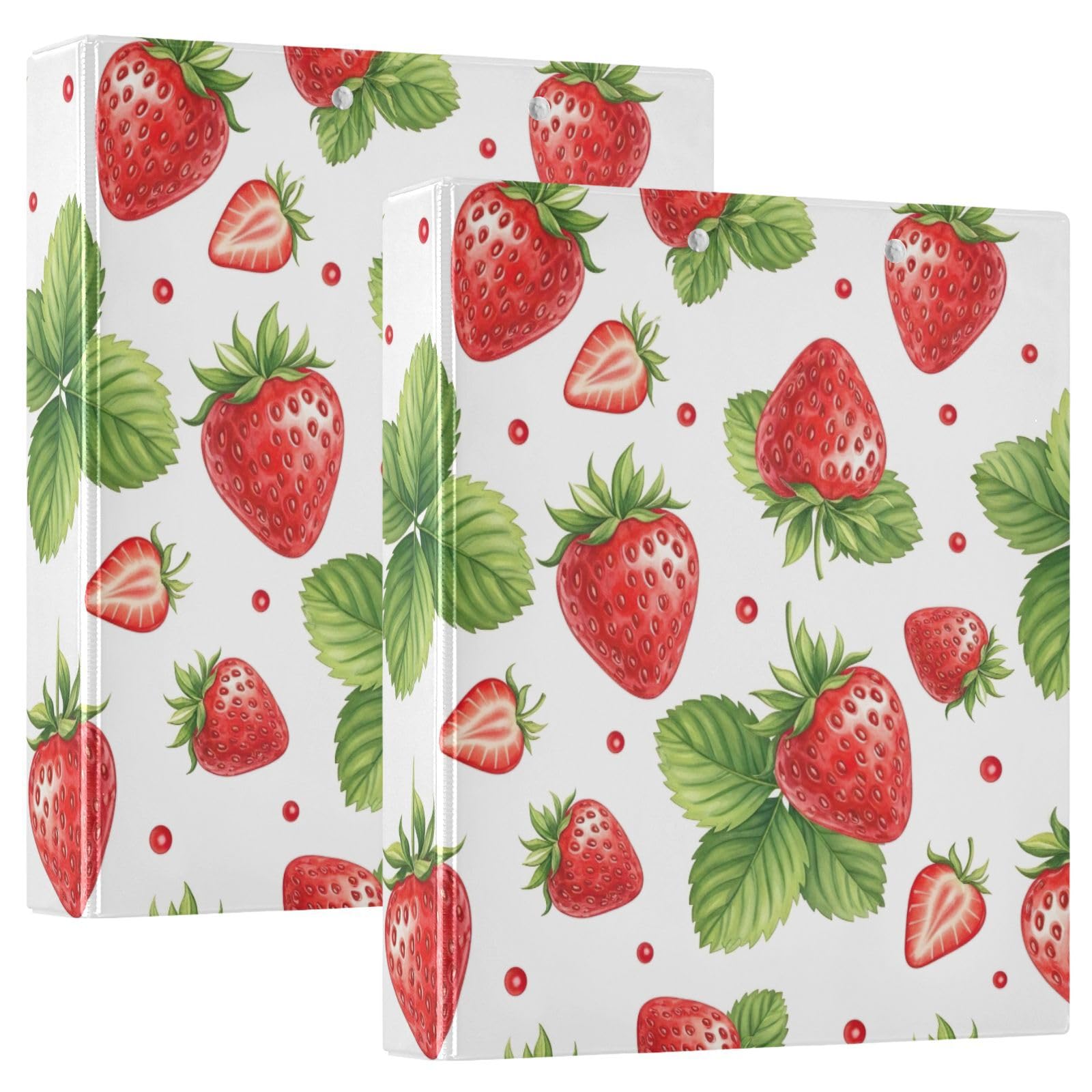 Confezione da 2 raccoglitori ad anelli con 3 anelli, motivo fragole, rosso e bianco, con tasche, grandi, per scuola, università, ufficio