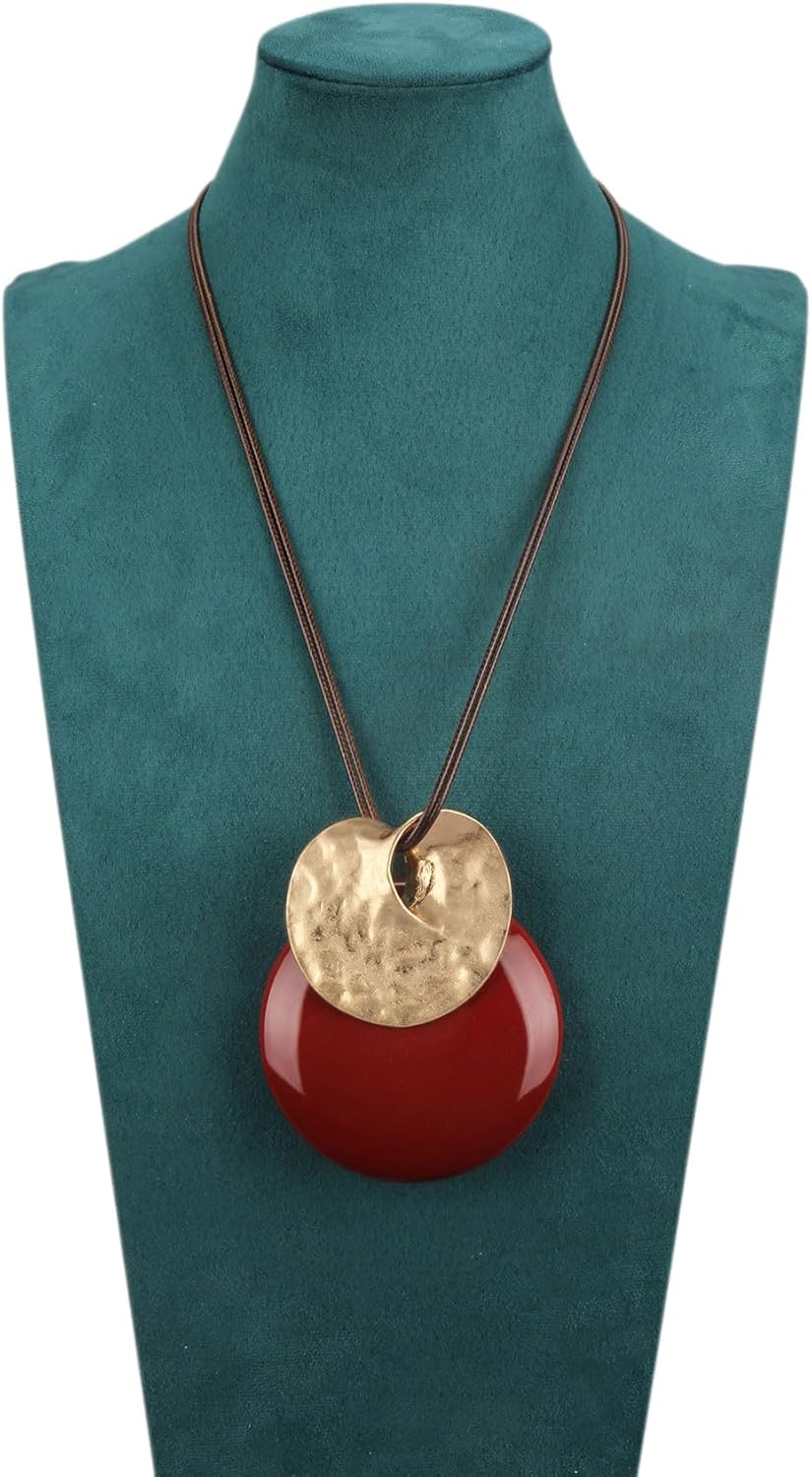 GelConnie Long Necklaces for Women Boho Large Pendant Necklace Casual Bohemian Brown Leather Choker Sweater Circle Statement Stone Necklace - Image 2