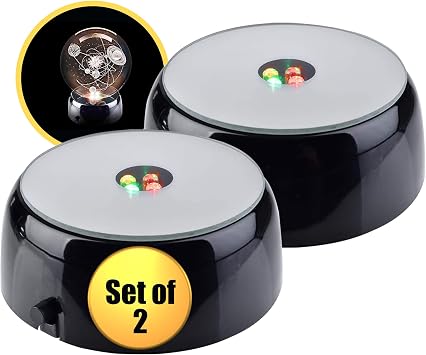 4 LED Crystal Round Display Base w/ Mirror Top - Lighted Stand for Crystal Art - Color-Changing 3 Inch LED Light Base - Battery Operated LED Stand for 3D Art - Black, Set of 2
