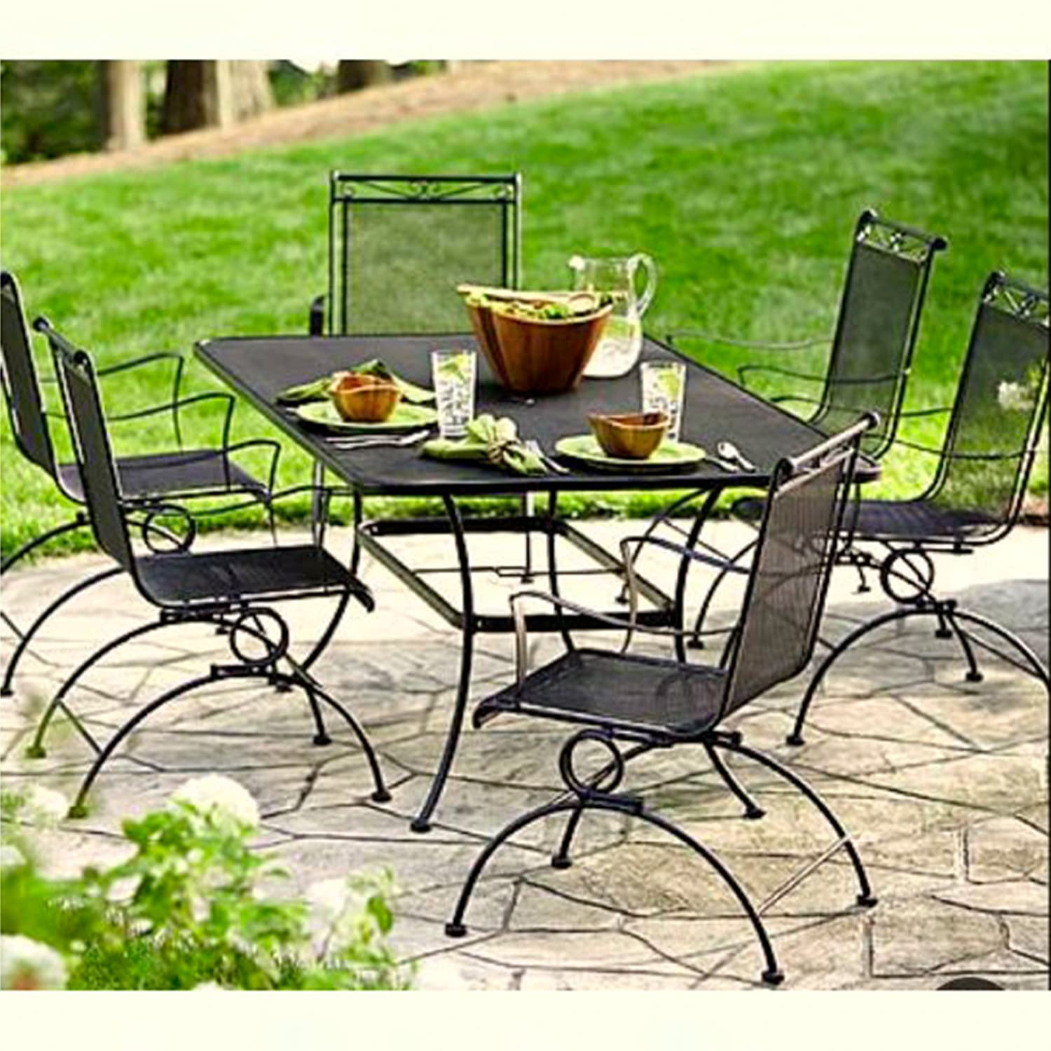PEMPL HeavyDuty Outdoor Metal Mesh Dining Table with Six Chairs