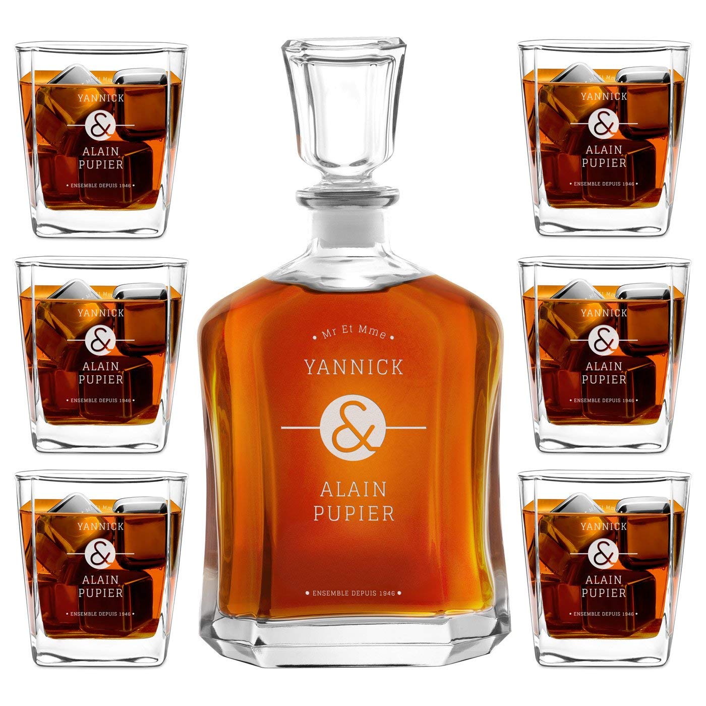 Maverton Ensemble de Carafes Personnalisés a Whisky Rhum Cognac Avec 6 Verres a Whisky Gravés - 700 ml Service Universel Verre Whisky et Carafe - Monogramme