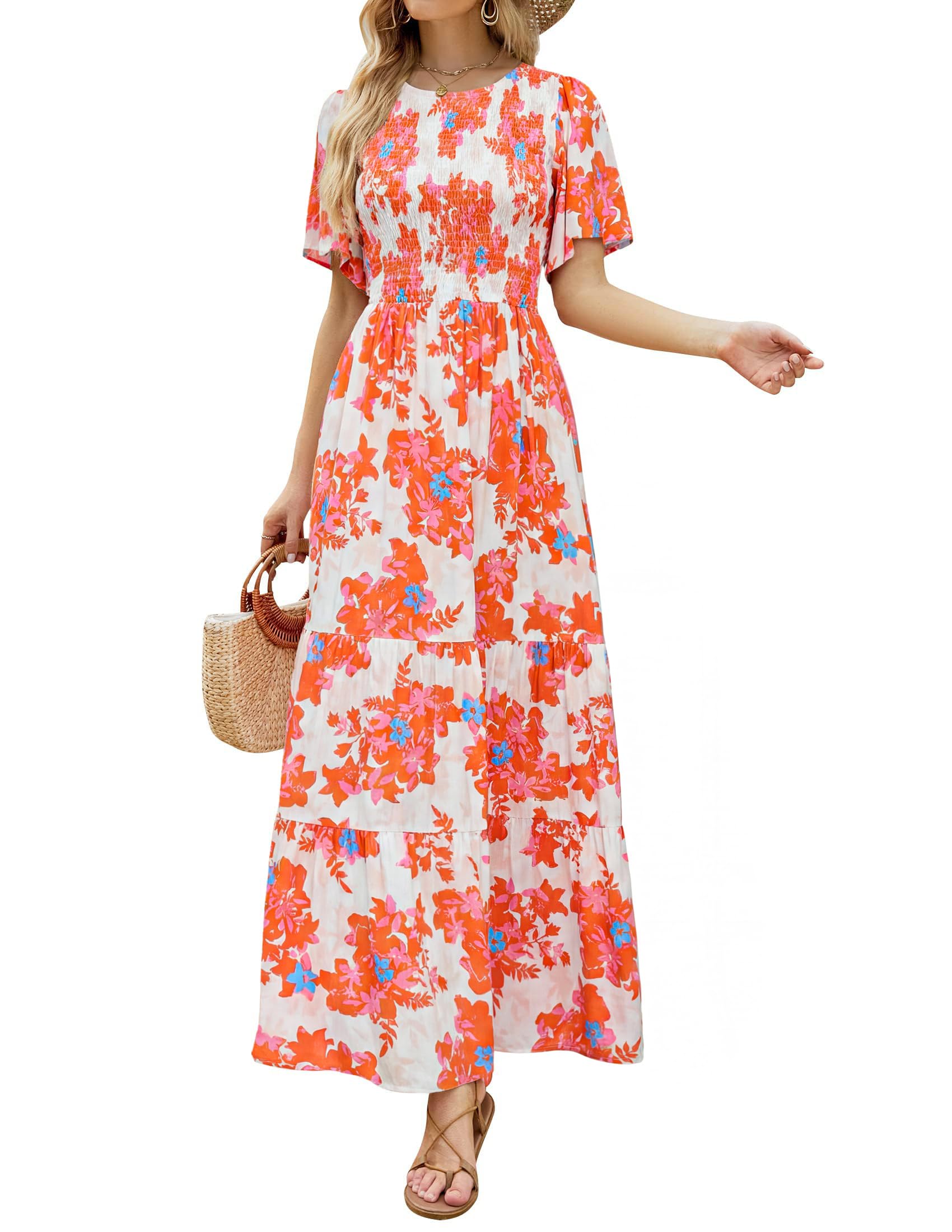 ZESICA Womens 2026 Summer Casual Floral Print Short Flutter Sleeve Crew Neck Smocked High Waist Flowy Maxi Dress