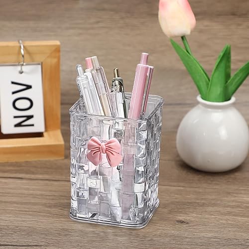 Miniatura 7 de Soporte acrílico para bolígrafo, organizador de lápices transparente, soportes para vasos de brochas de maquillaje con lazo para el regreso a la