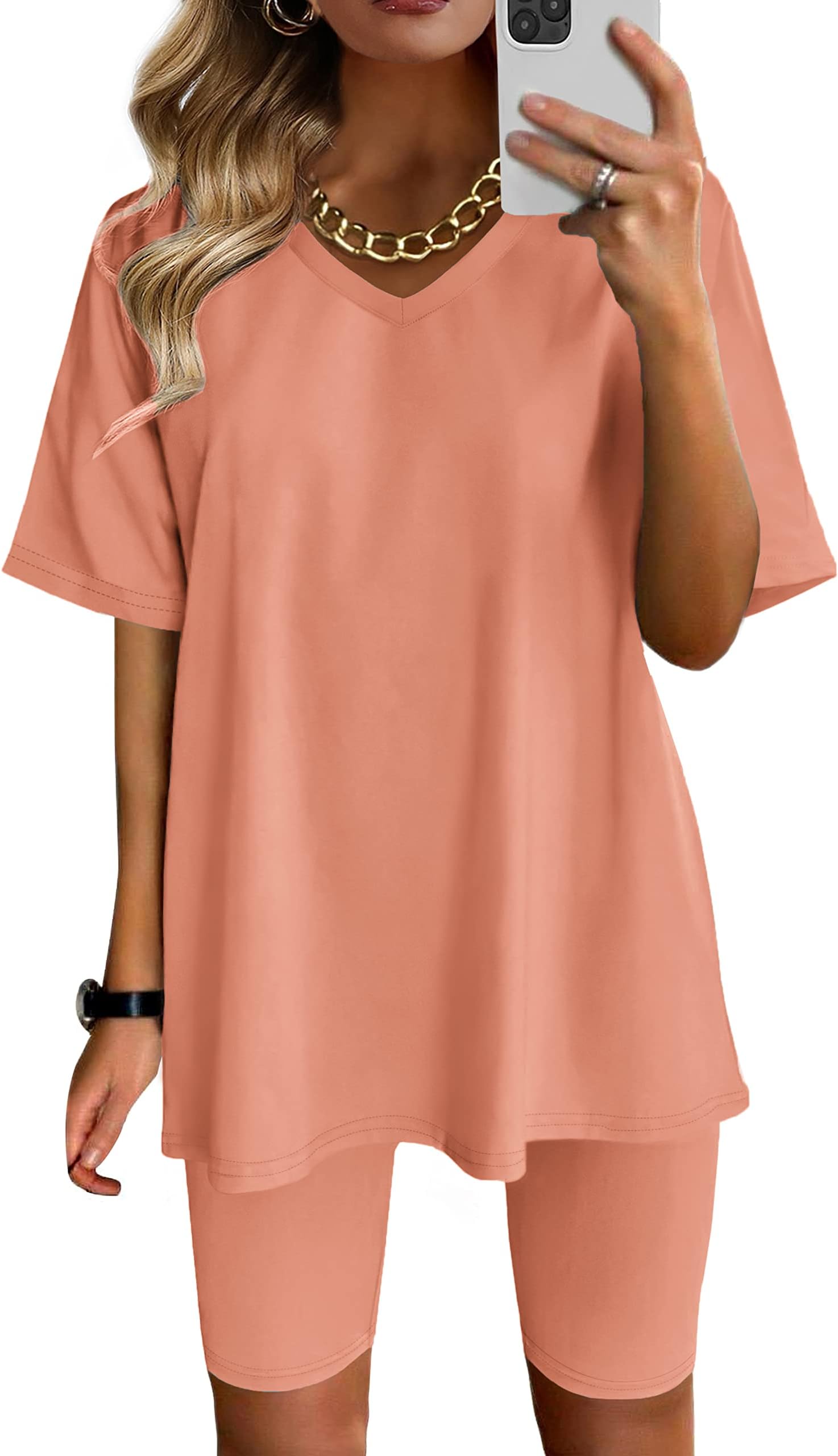 AGSEEMTwo Piece Outfits For Women Summer V Neck T-Shirt Tops Biker Shorts Workout Sports Tracksuit