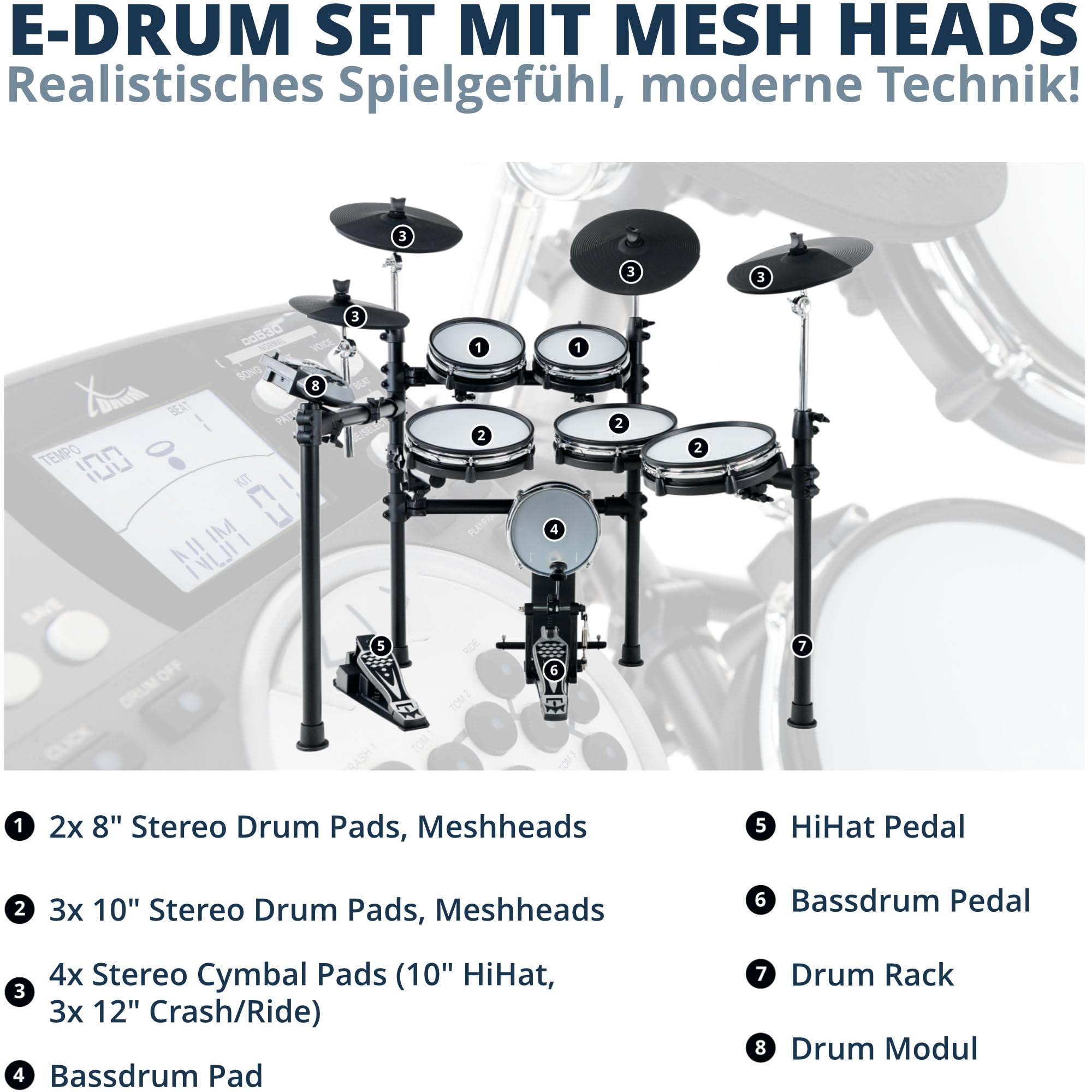 XDrum DD-530 Mesh Heads E-Drum Maxi Kit, Drum Rack, 3x 10"), 2x Crash | 5 Pads de batería estéreo con Mesh Heads (2x 8", 3x 10"), 4 Pads de platillos estéreo (1x HiHat, 1x Ride), 1 Pad de Kick