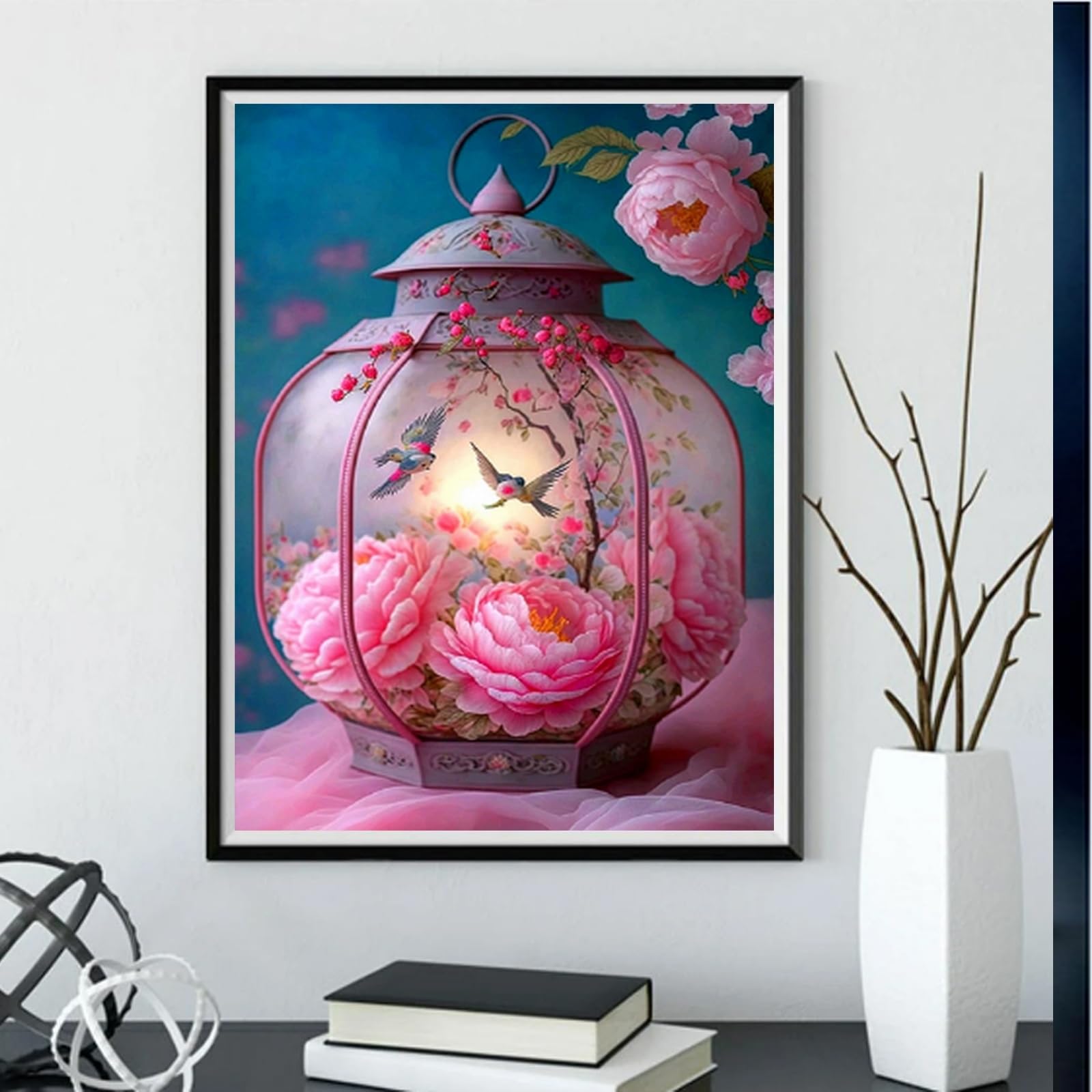 COKYIS5D Diamond Painting by Numbers Kit Lanterna con fiori di peonia e uccelli DIY Full Drill Crystal Rhinestone Embroidery Diamond Embroidery Diamond Dots Arts Home Decor (16x20inch)