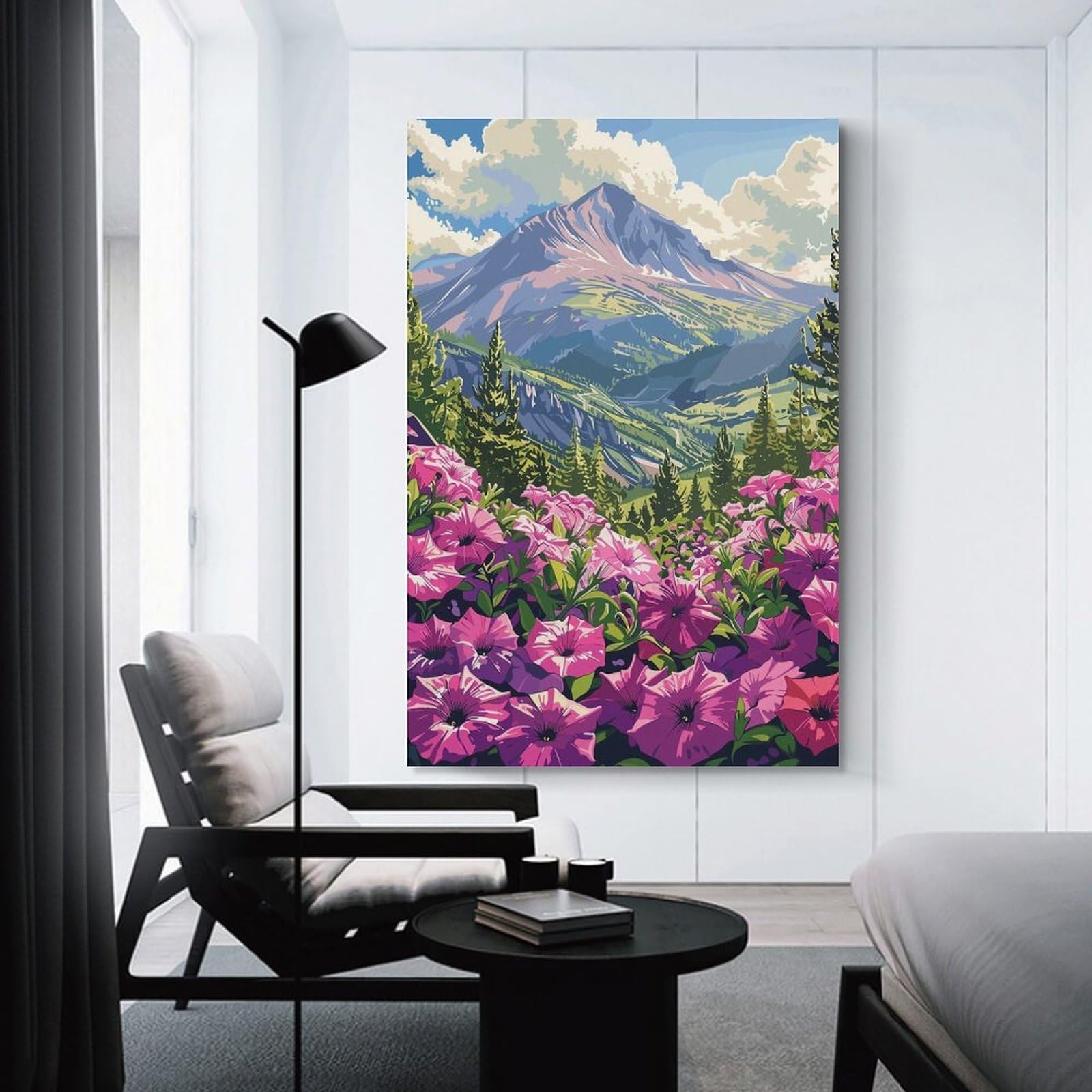 Junmoney Mountain View with Flowers Home Decor Wall Art, 24x36inch(60x90cm), for New Homes, Bedrooms Or Workspaces, Gift Idea for Housewarming And Birthdays