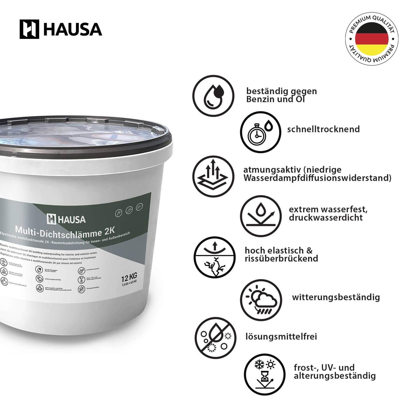 HAUSA Multi-Dichtschlämme 2K 12kg elastische 2K Dichtmasse für Innen- und Außen, Abdichtung von Schwimmbad Pool Betonbecken Balkon Terrasse Bad Keller Dusche, druckwasserdicht lösungsmittelfrei