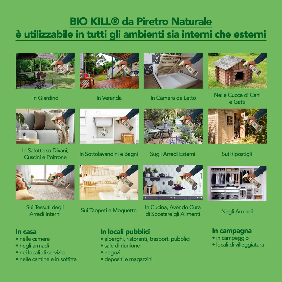 BIO KILL SET INSETTICIDA-ACARICIDA da Piretro Naturale: Flacone Spray 375 ml + Ricarica 1 litro Biokill + OMAGGIO 100pz Guanti HDPE Monouso