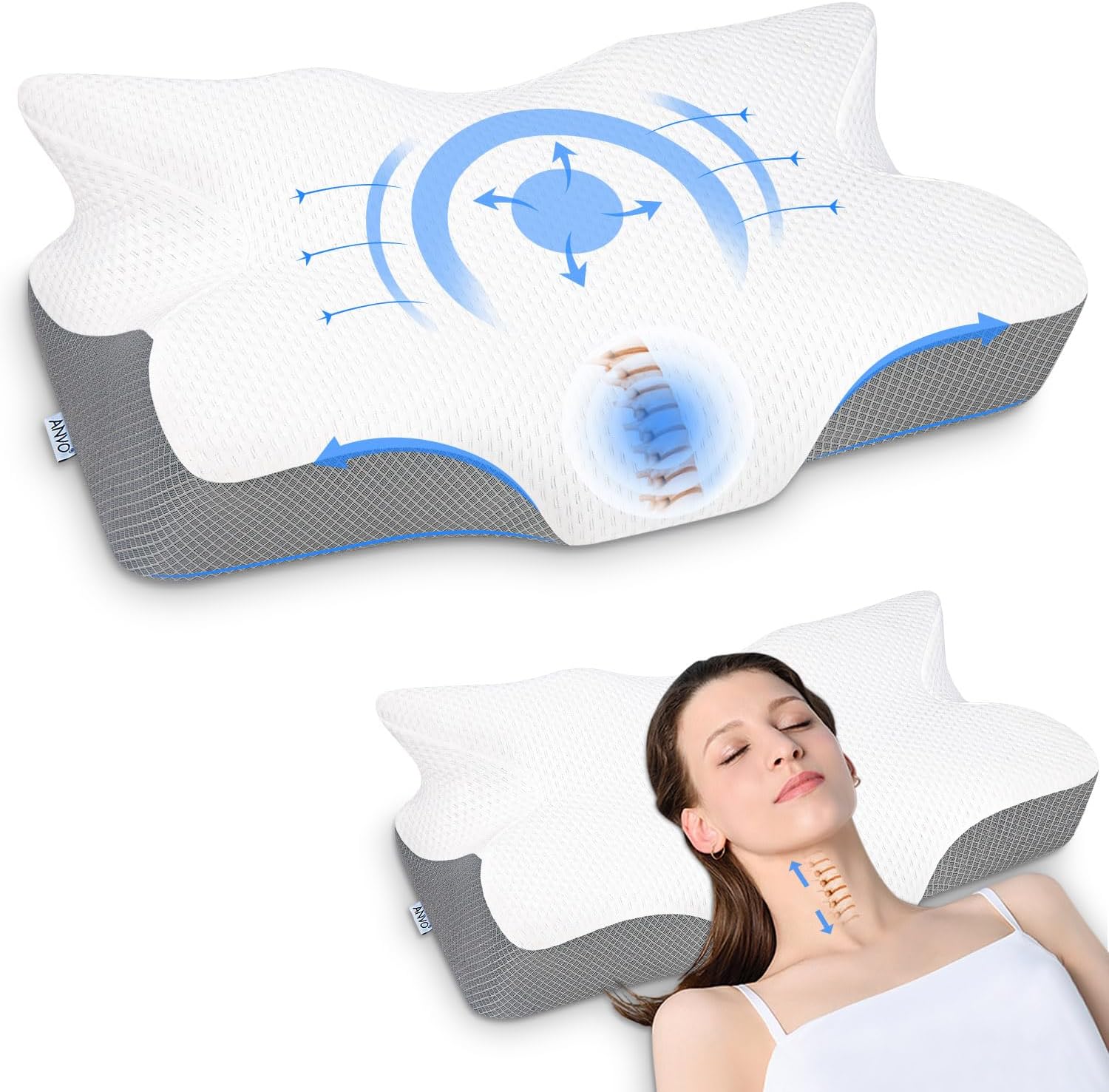 Anvo Cervical Neck Pillow for Neck and Shoulder Pain - Memory Foam Pillows for Pain Relief Sleeping, Contour Orthopedic for Side Back Stomach Sleeper, Grey