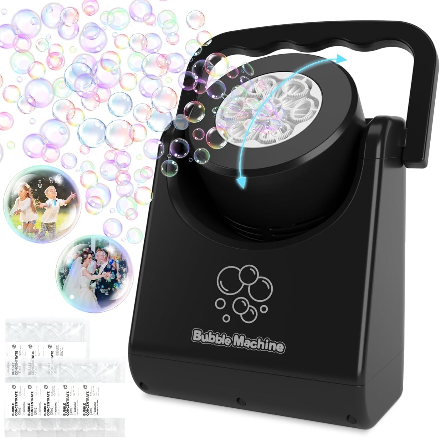 Weilim Bubble Machine Automatic Bubble Blower for Kids Batteries Operated Portable Bubble Maker Electric Bubble Machine Adjust Angle by 90° Indoor Outdoor Toy for Birthday Party Wedding Black