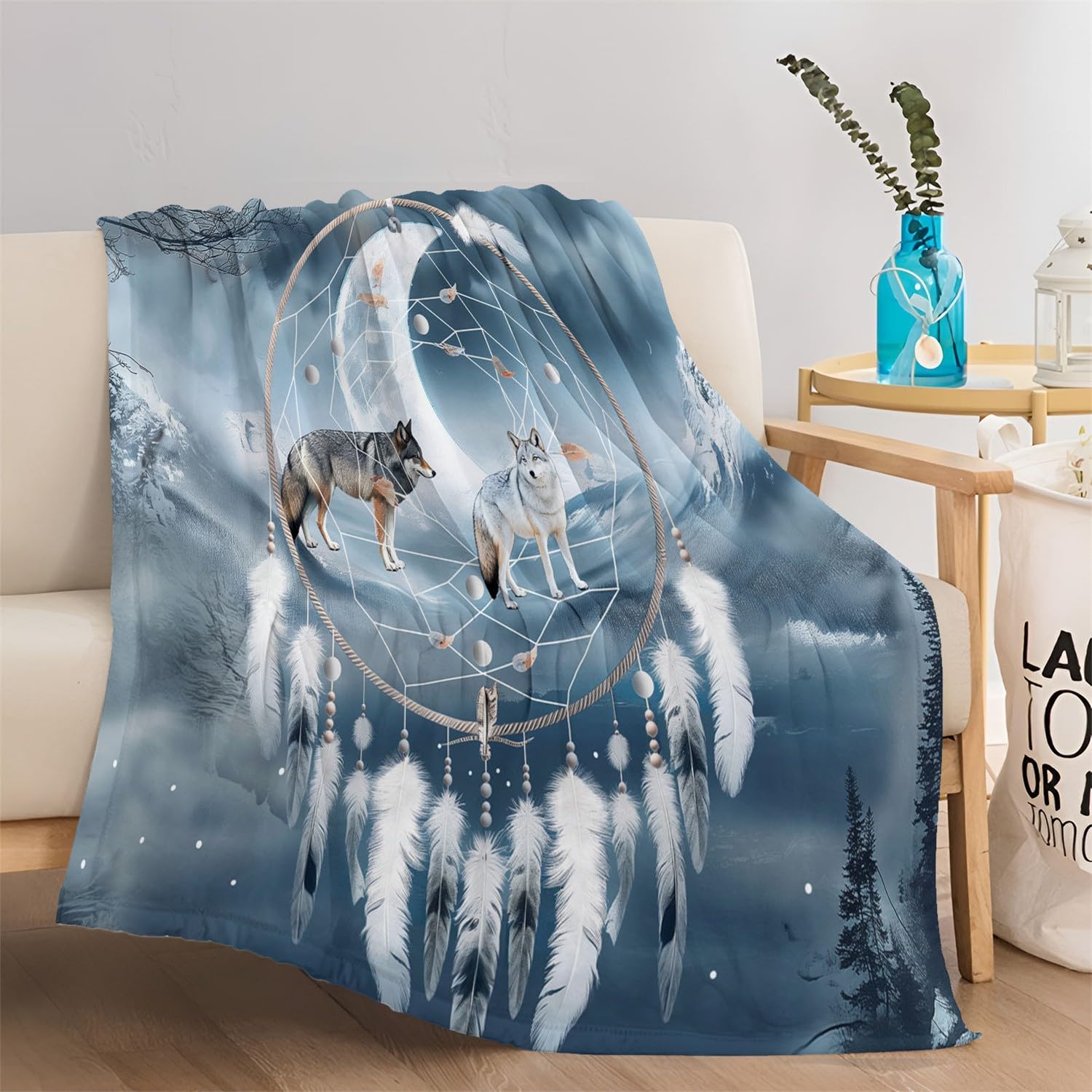 Koc flanelowy z nadrukiem łapacz snów w stylu snu Wilk koc dziecięcy niebieski dymny koc polarowy prezent dla dziewczynek miękki koc 150 x 200 cm
