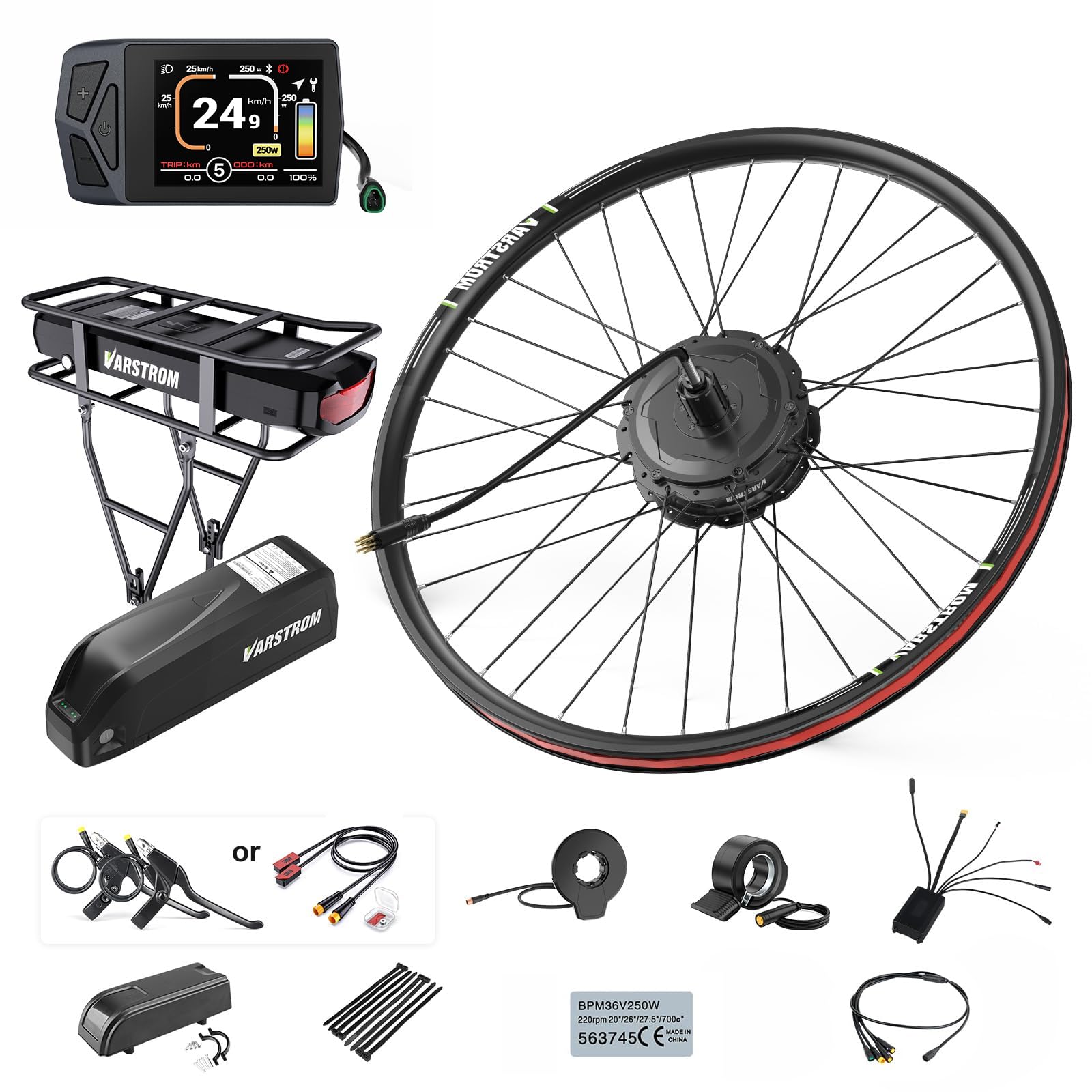 125EVH-5OO 125XVH-75O Kit de Conversión para Bicicleta Eléctrica – Motor de Buje Trasero 48 V 448 RPM con Controlador Mejorado, Pantalla y Batería Opcional – Kit EBike para Ciudad