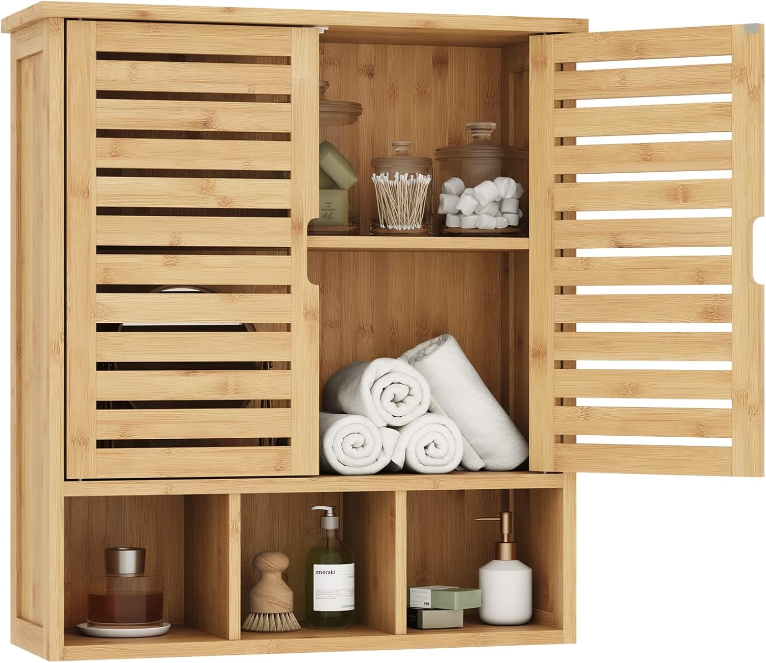 Bathroom Wall Storage Cabinet, Bamboo Medicine Cabinet with Doors and Adjustable Shelves, Bathroom Medicine Cabinet Wall Mount, Wall Mounted Over-The-Toilet Storage Cabinet