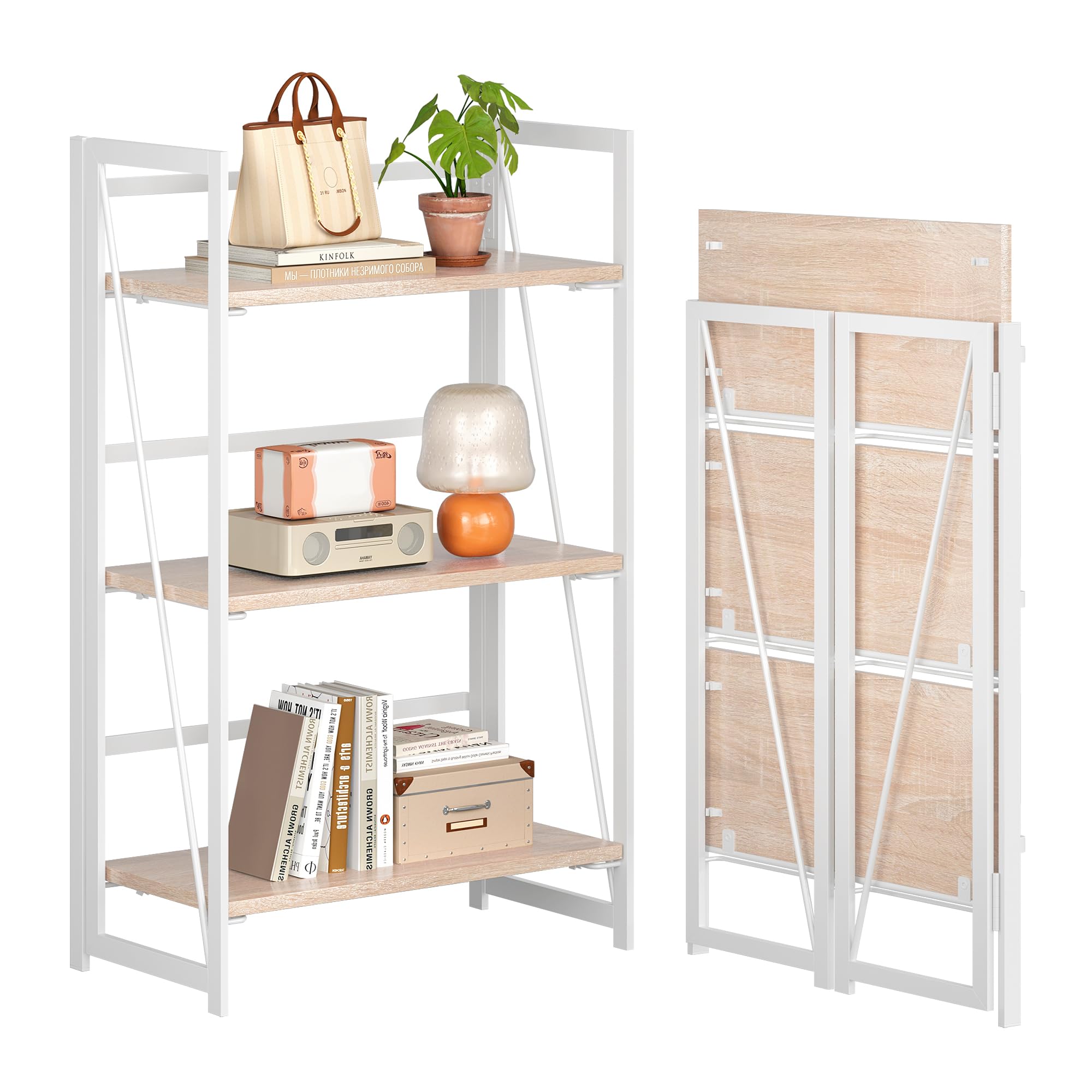 4NM No Assembly 3 Tier Collapsible Book Shelves, Folding Bookshelf Bookcase Open Industrial Foldable Shelf for Bedroom, Living Room, Home Office -