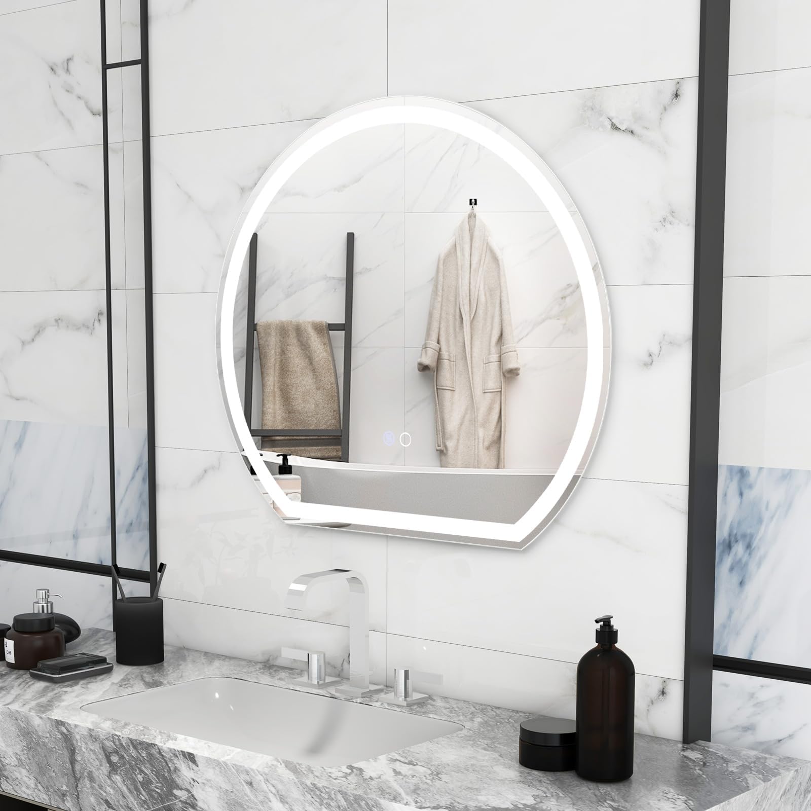 FANTASK Espejo de baño LED con iluminación, antivaho, Espejo de Pared Regulable con Interruptor táctil y función de Memoria, Espejo Colgante LED para baño, 60 x 54 cm, Color Plateado