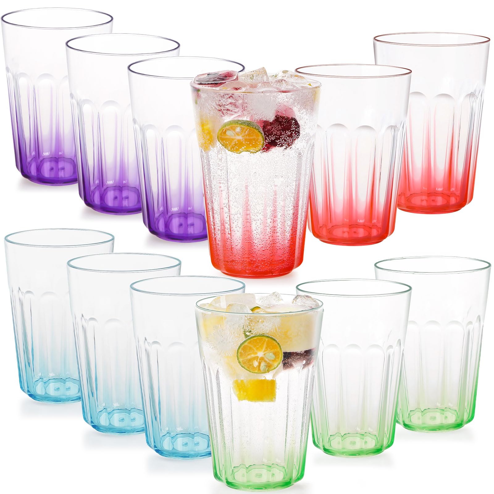 Greentainer Unbreakable Drinking Water Glasses - Reusable AS Plastic Coffee Cold Water Milk Tea Cups Tumbler Mugs for Party,Picnic,Camping, Stackable - 350ml, Set of 12(Mixed Color)