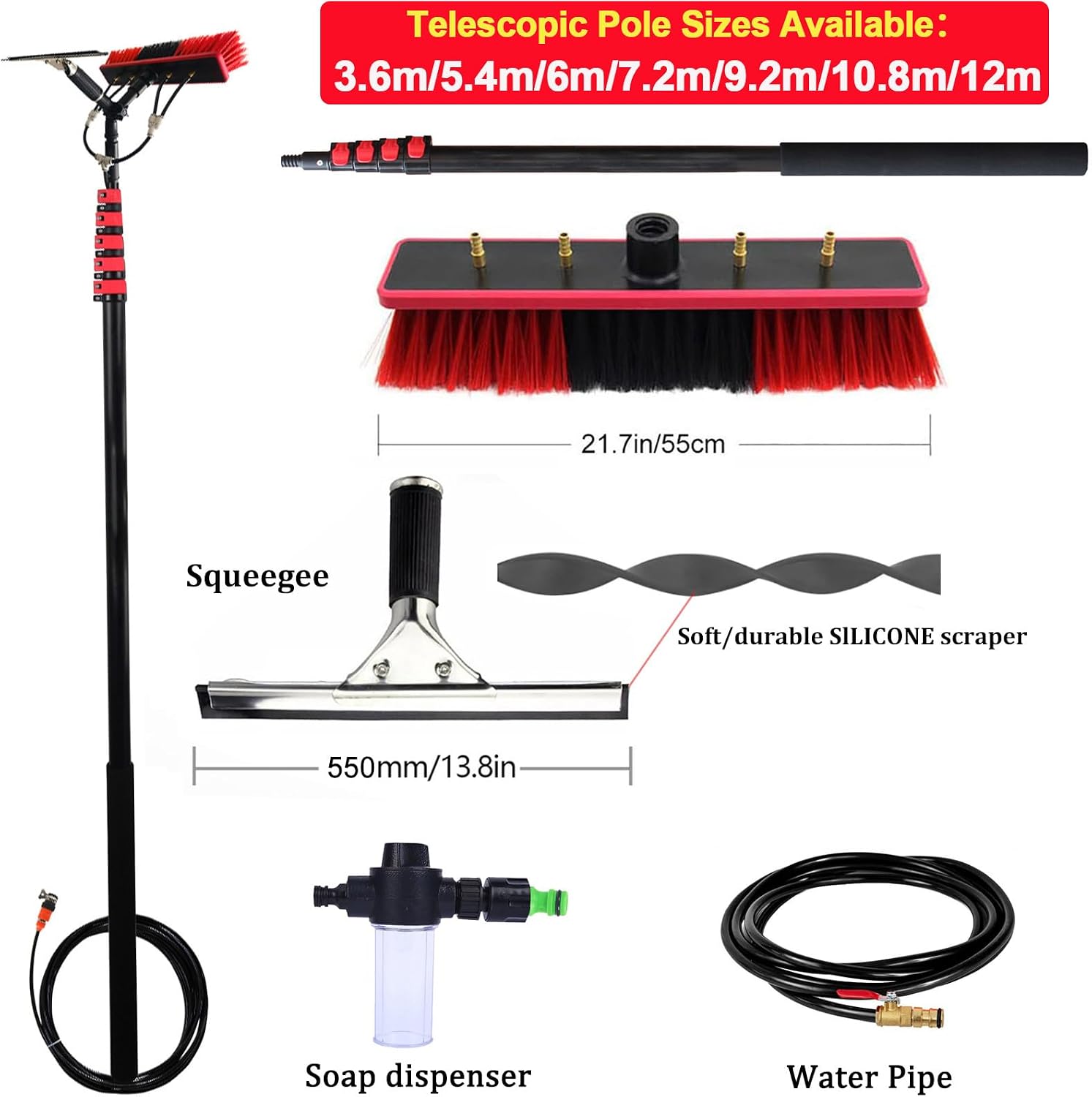 Telescopic Water Fed Window Cleaning Pole (12m) | Aluminum Reach for Solar Panel & Roof Cleaning | Extendable 3.6m to 12m for Efficient Outdoor Use