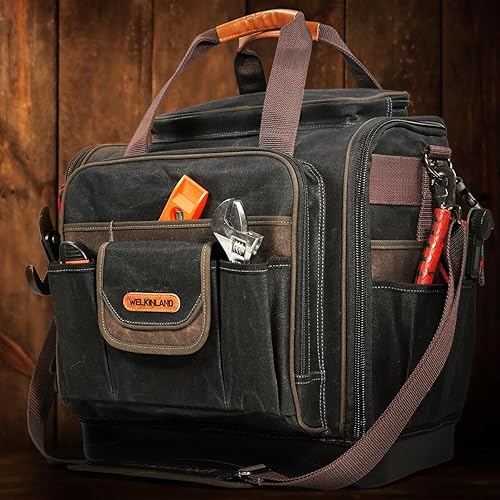 Miniatura 3 de WELKINLAND Bolsa de herramientas para electricista, Bolsa de herramientas de lona encerada resistente al agua, Bolsa de herramientas de fondo duro