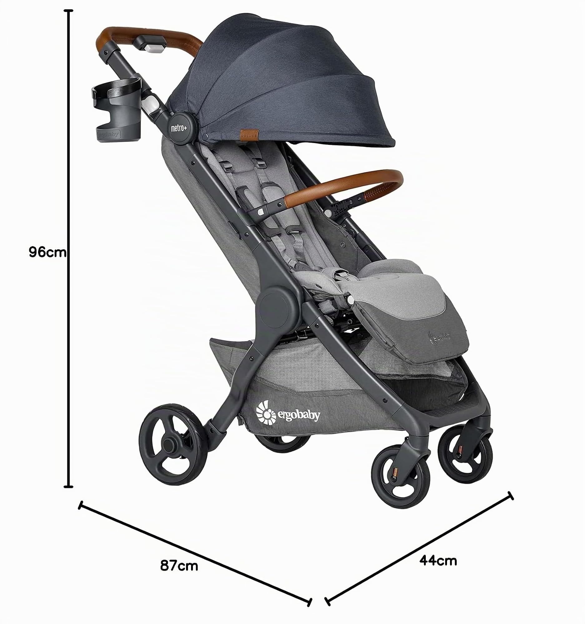 Poussette Ergobaby Metro+ Deluxe avec fonction d'inclinaison, poussette pour bébé de la naissance jusqu'à 22 kg, pliable et compatible avec siège auto, gris Londres