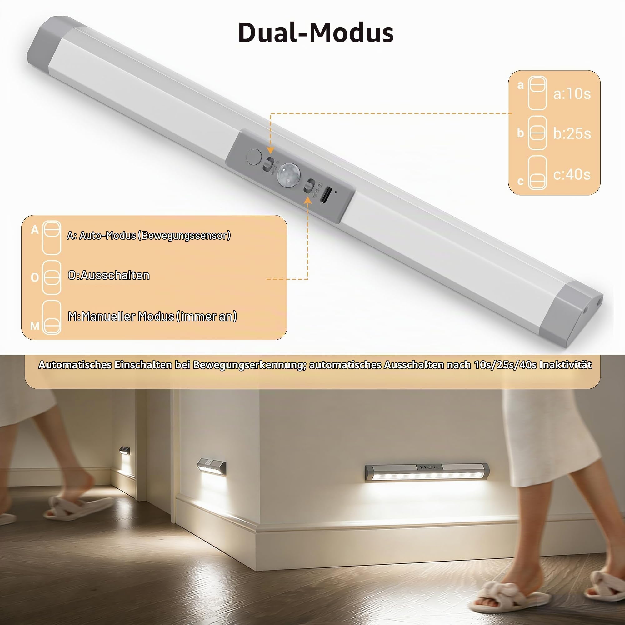 WOBANE Kleiderschrank Beleuchtung mit Bewegungsmelder, Wiederaufladbar, LED | 3 Lichtfarben Dimmbar, Auto Ein/Aus, Kabellos, Trapez Augenschutz, Aluminiumgehäuse, Magnetisch, Schrank/Bett/Wohnwagen, 3er