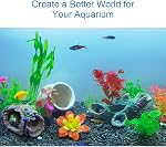 14 Pack Aquarium Aquatic Fish Tank Decorations Decor Set with Wood Cave, Tree Trunk Barrel Hideouts, Artificial Plastic Plants and Starfish Resin Ornament Fish Aquarium Accessories (Pink-Gift Box)
