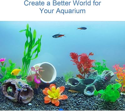 Aquarium Decorations Set, Fish Tank Decor with Artificial Plants and Resin Ornaments, Betta Fish Tank Accessories for Small Tanks, Soft Safe Plastic Plants with Hideout Cave Decor(Ornaments set #2)