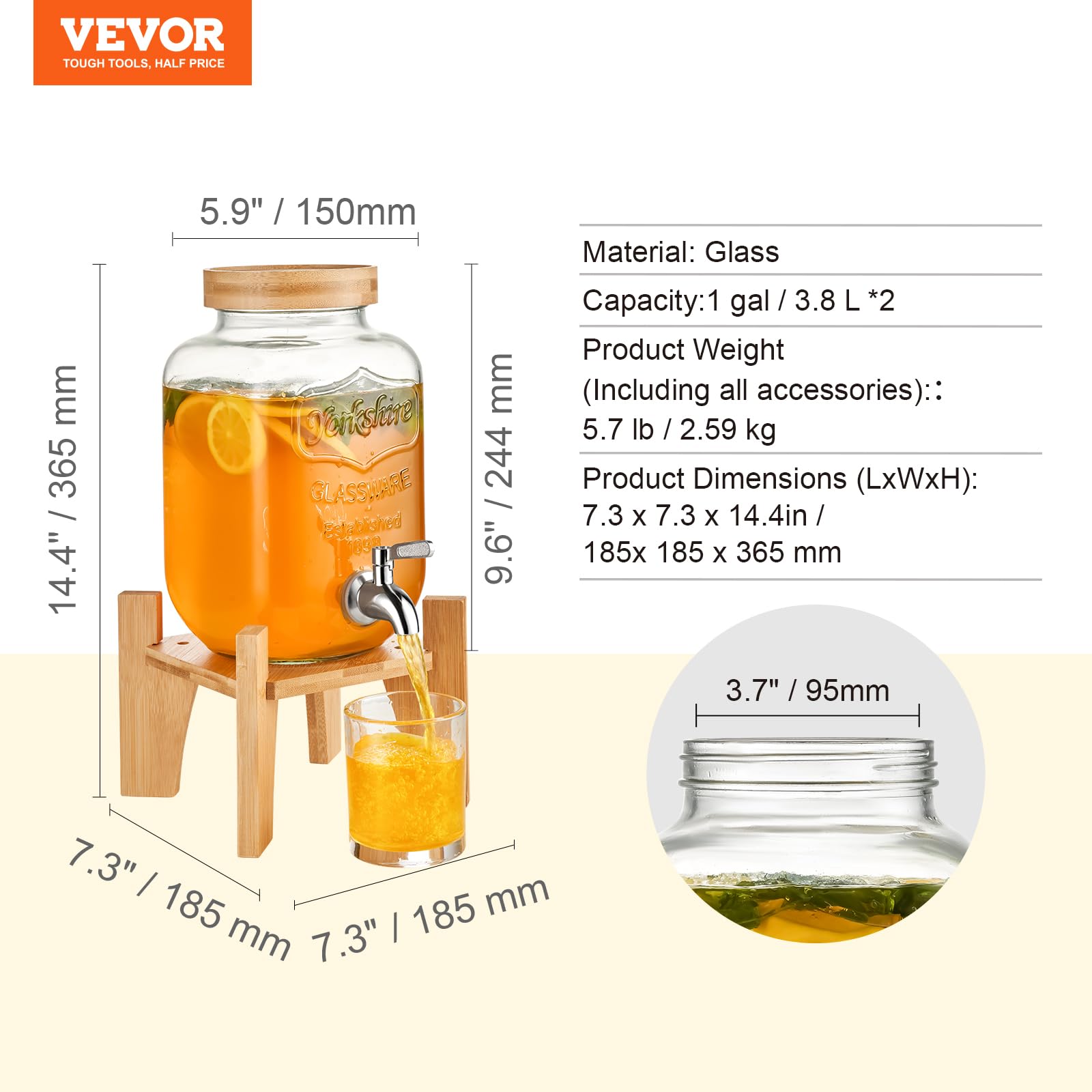 VEVOR Dispensador de Bebidas de 3,8 Litros para Fiestas, Dispensador de Jugo de Vidrio con Soporte, Espiga de Acero Inoxidable, Dispensador de Agua de Jugo de Limonada de Té Helado 244 x 150 x 150 mm — view 8