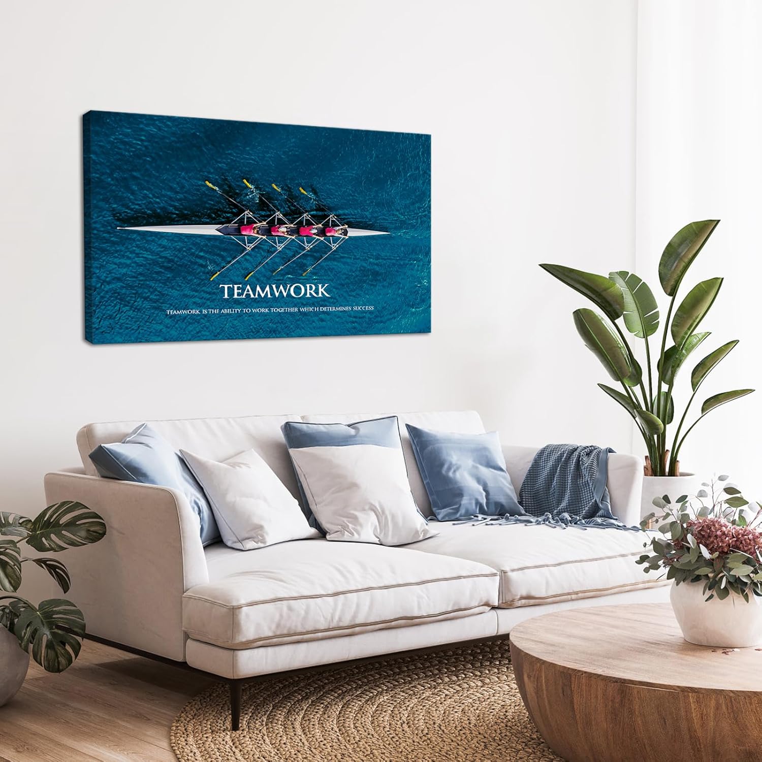 KLVOS Inspirational Success Teamwork Canvas Wall Art Rowing Team on Blue Ocean Framed Motivational Self Positive Office Quotes Picture Gallery Wrap Modern Home Office (24"x36")