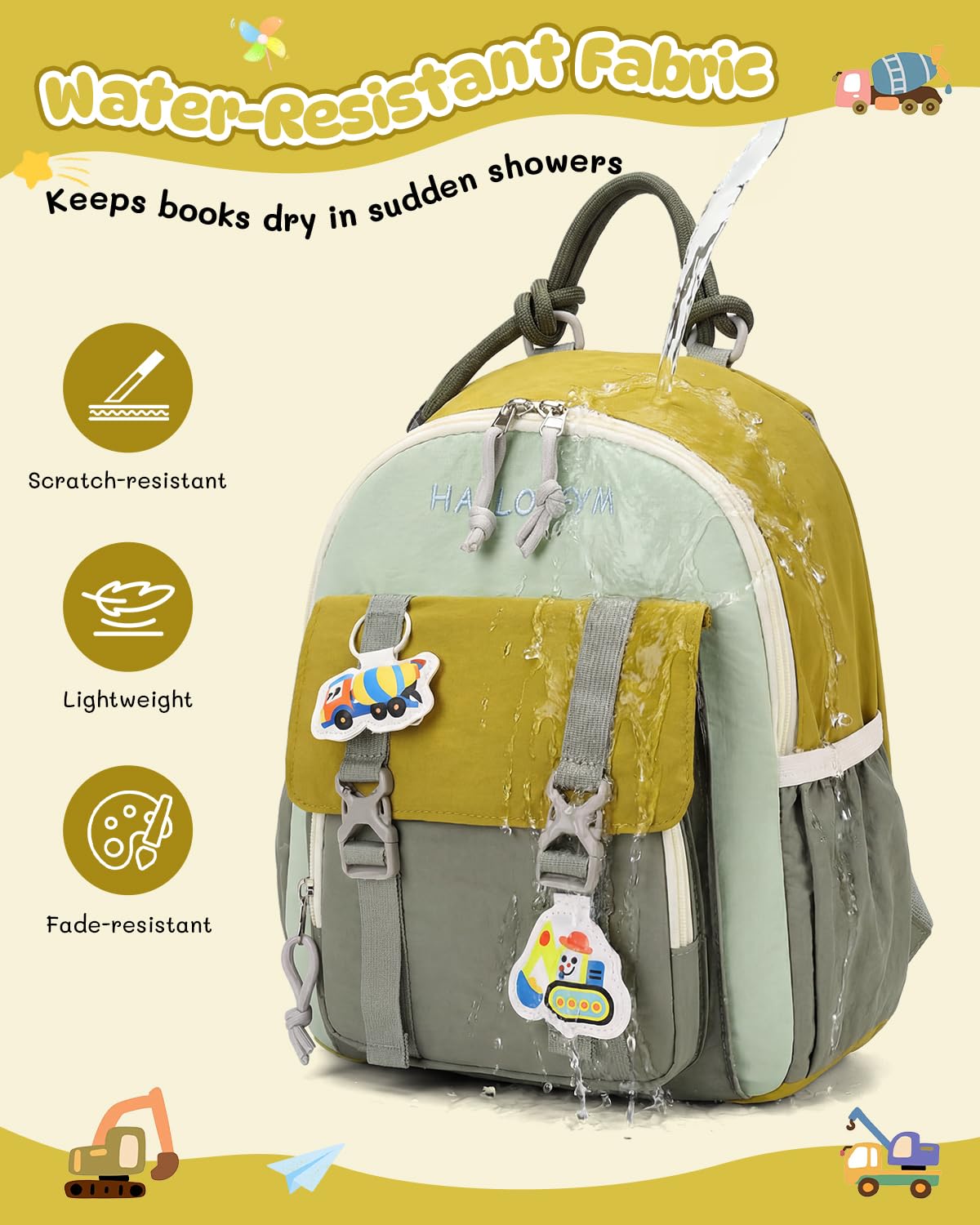 PROTAURI Mochila Infantil con Correa Pectoral Reflectante, Mochila Guardería Niño Ligera e Impermeable, Mochila Bebé Guardería con Motivo 3D Excavadora para 2-5 Años, 9.6L, Verde