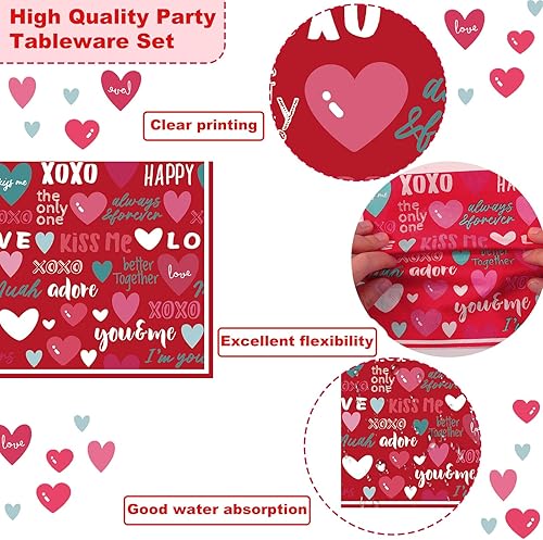 Miniatura 4 de SCIONE Juego de 96 piezas de vajilla para fiesta del día de San Valentín, bonitos platos y tenedores de rosas X y O, servilletas para el día de San