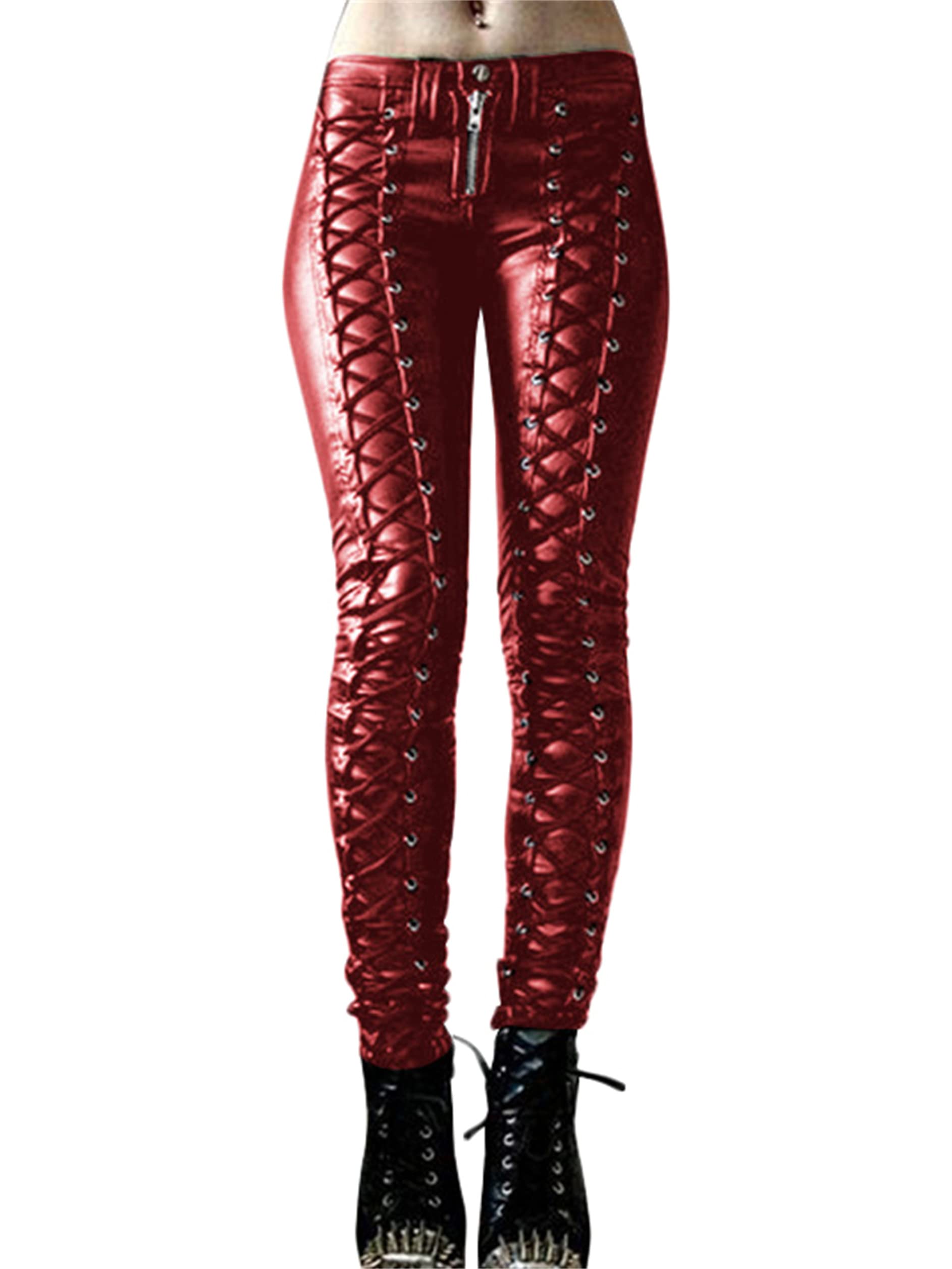 Jier Womens Stretch Biker Pants Lace Up Pu Leather Pants