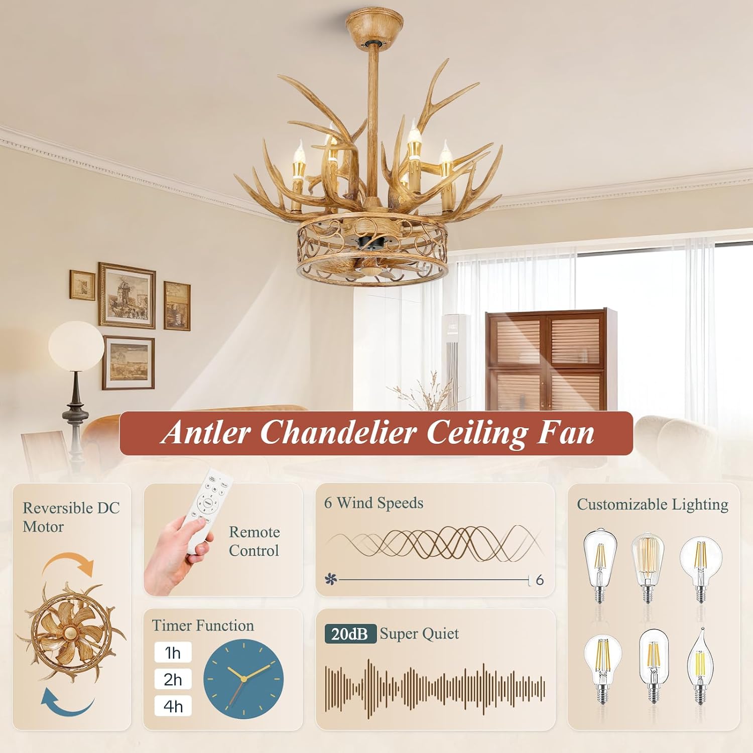 Antler Chandelier Ceiling Fan, 26" Rustic Farmhouse Ceiling Fan with 6 Lights, Retro Country Style Deer Horn Chandelier Lighting, Antler Lamp for Cafes, Bars, Kitchen, Dining Room, Living Room