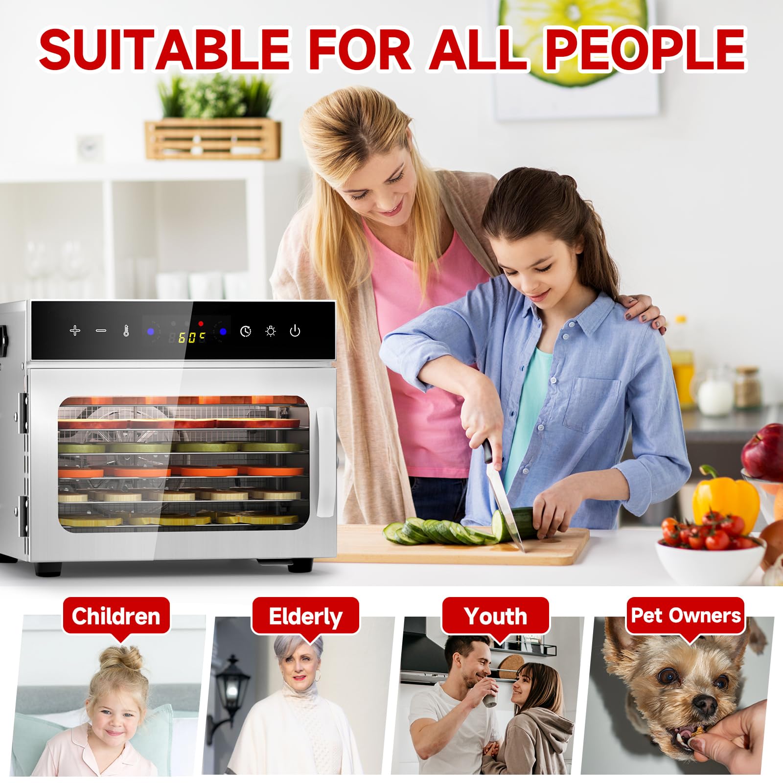 6 Plateaux Deshydrateur Alimentaire en Acier Inoxydable, avec Température Réglable 30 à 90°C et Minuterie Numérique (0-24h), pour Fruits, Poisson, Légumes, Viande, Jerky, Herbes (6 Plateaux)