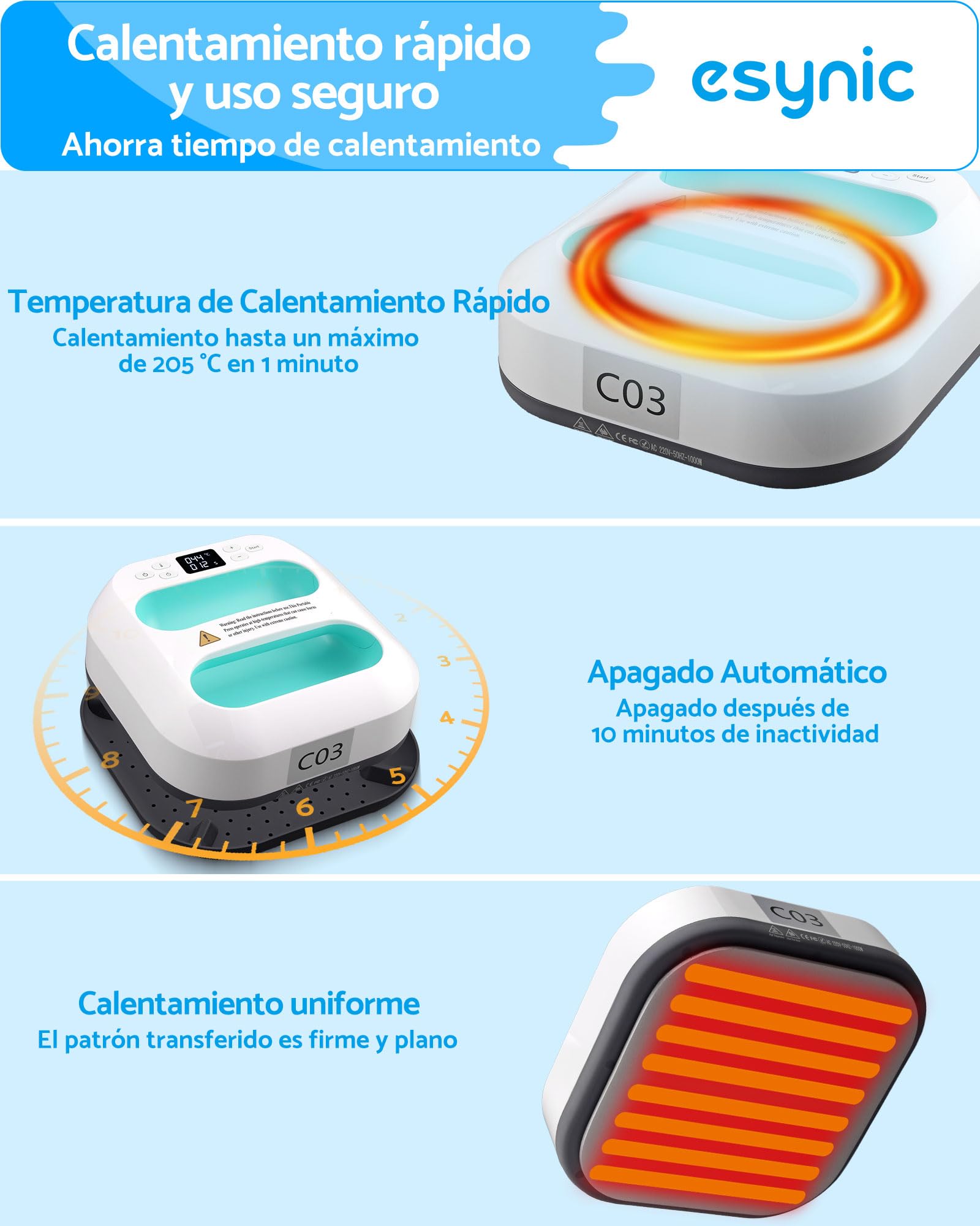 eSynic Prensa Térmica 9"x9", Prensa de Calor Portátil con Rápido Calentamiento a 205°C, Control Precisa de Temperatura y Apagado Automático, Incluye Base de Seguridad para Camisetas, Bolsas, Tazas,DIY