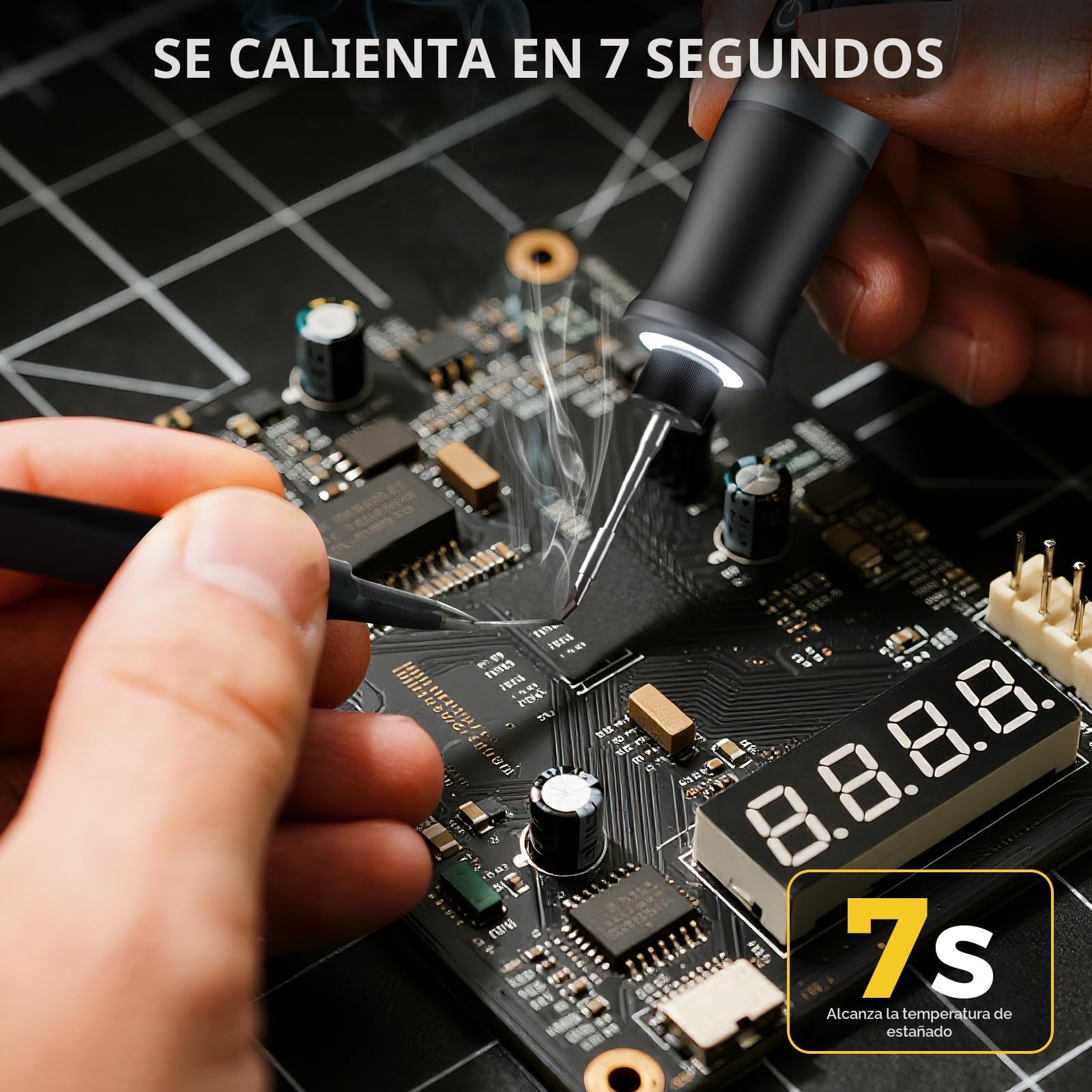 Soldador de estaño inalámbrico con LCD, 7 s de calentamiento rápido, temp. 200–450 °C, USB-C recargable, auto reposo, 3 puntas C210, kit portátil para DIY y reparación electrónica